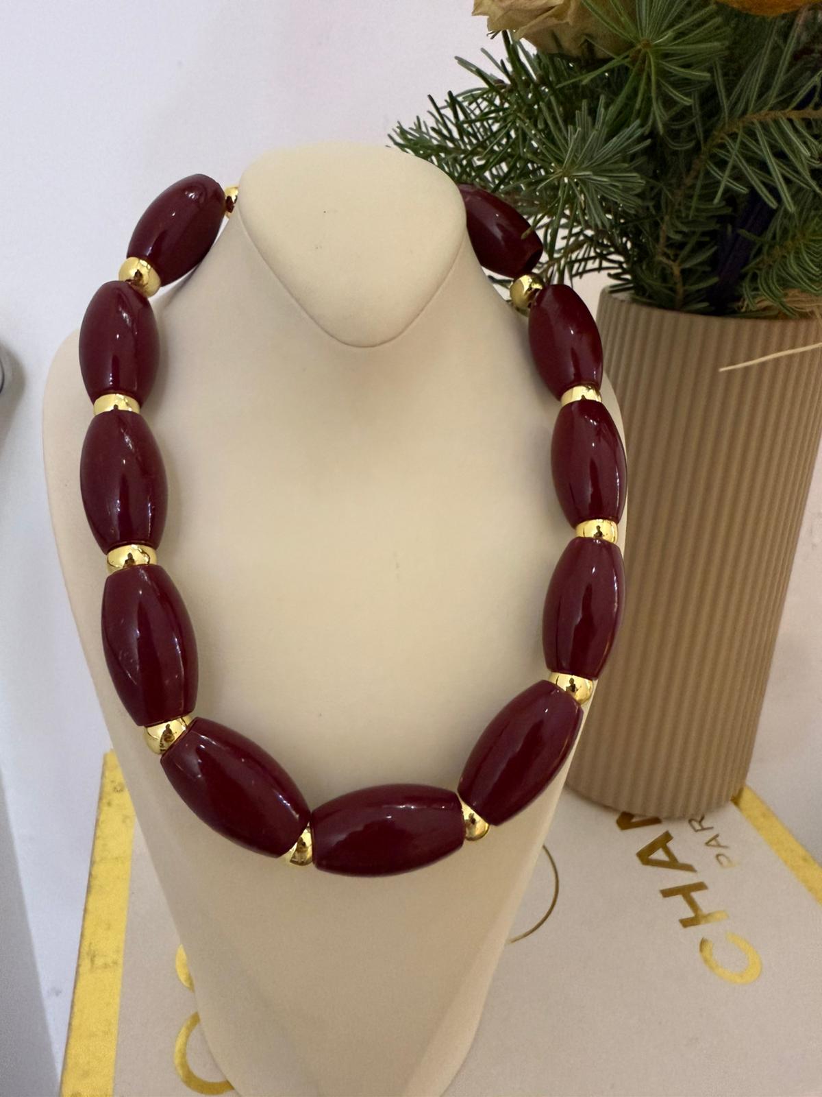 Gold Detay Şık  Bordo Kolye 1258