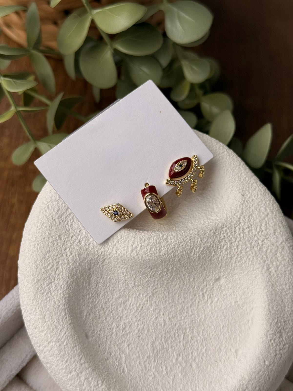 Zirkon Taşlı Göz Detay 3'lü Gold Küpe 7775201287