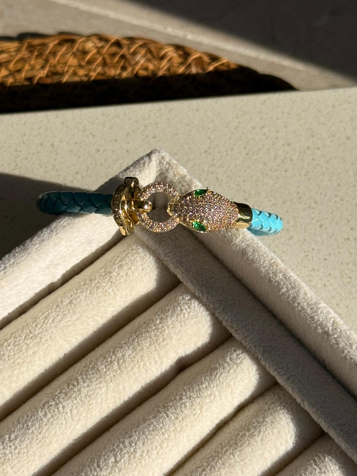 Özel Seri Zirkon Taşlı Yılan Mavi Deri Bileklik 1109