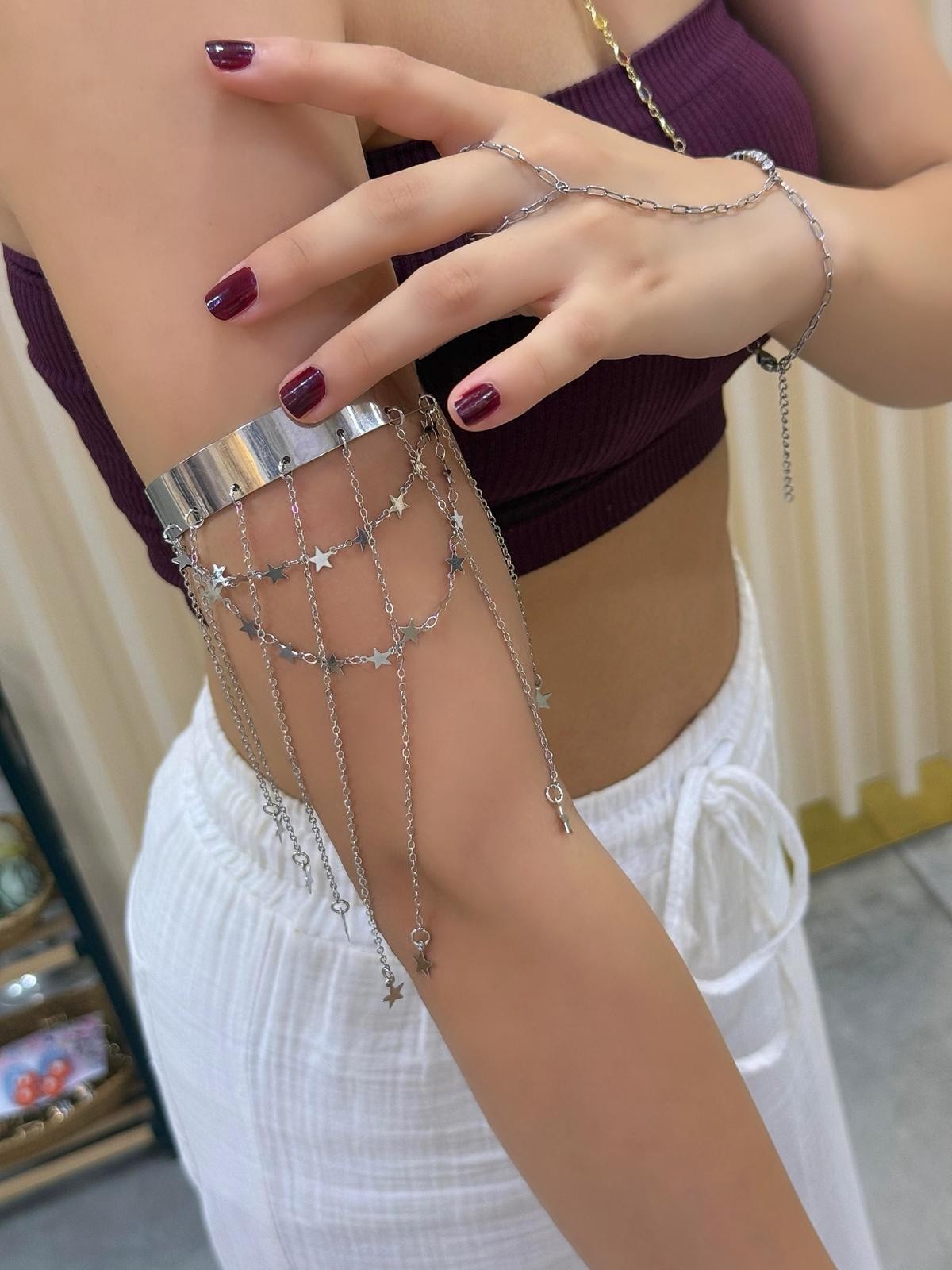Sallantılı Yıldız Detaylı Silver Pazu Bilekliği 821