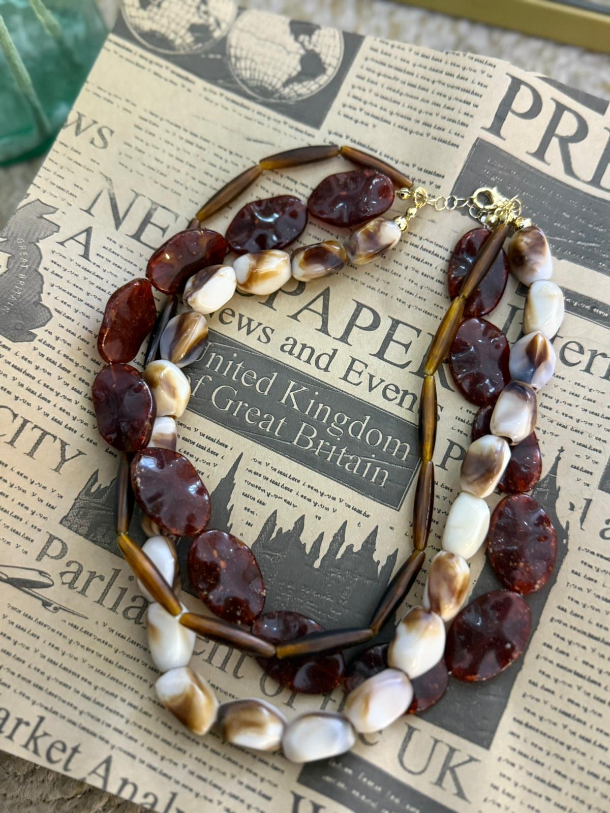 Özel Seri 3'lü  Krem Ve Kahverengi Boncuklu Kolye 12466