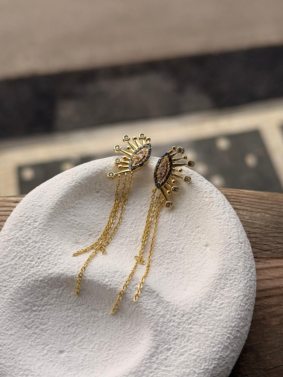 Özel Seri Renkli Zirkon Taşlı Zincir Sallantılı Tasarım Küpe 1299