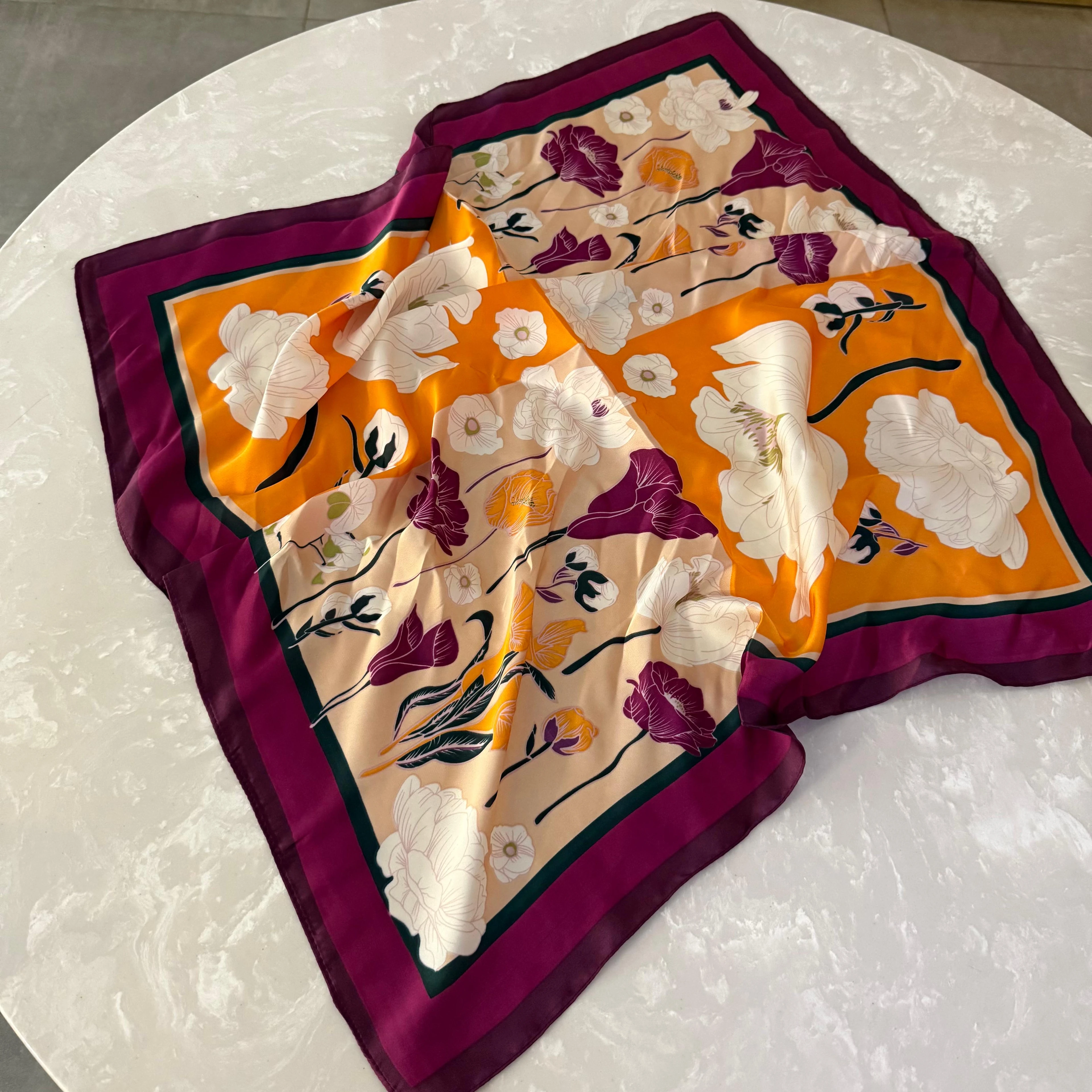 Çiçek Desenli Mor Sarı Fular 1038