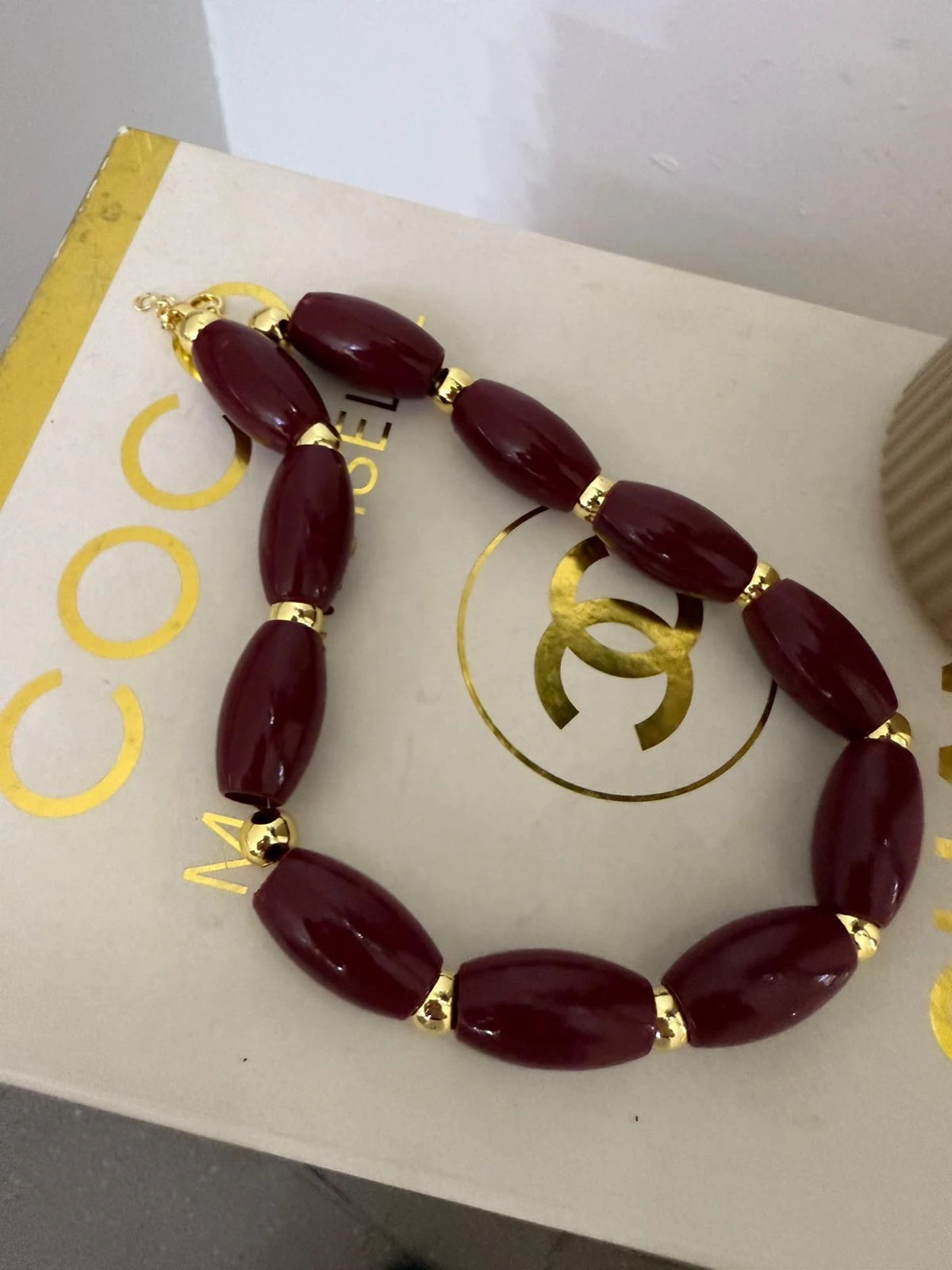 Gold Detay Şık  Bordo Kolye 1258