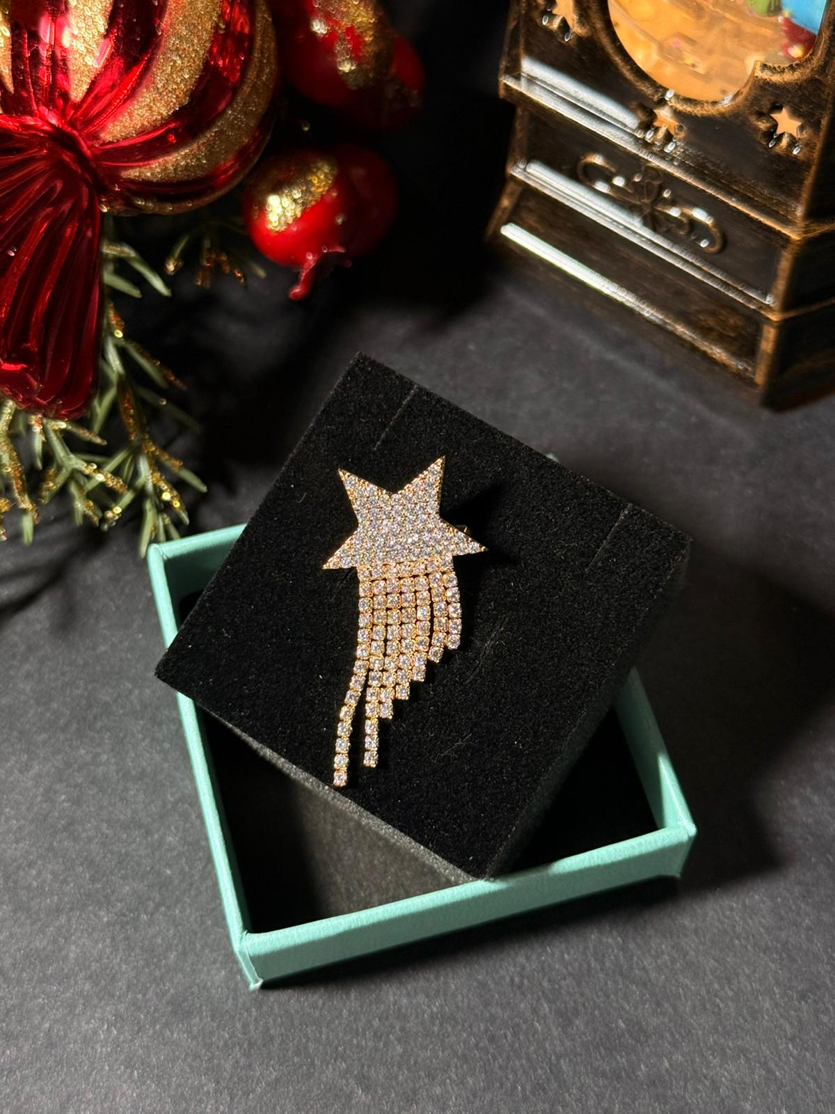 Zirkon Taşlı Yıldız  Sallantılı  Gold Broş 1277