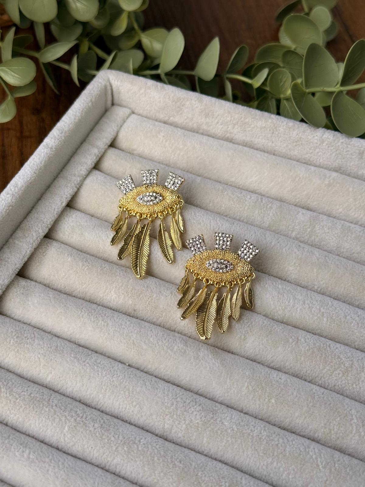 Zirkon Taşlı Yaprak Sallantılı Çift Renk Özel Tasarım Küpe 1296