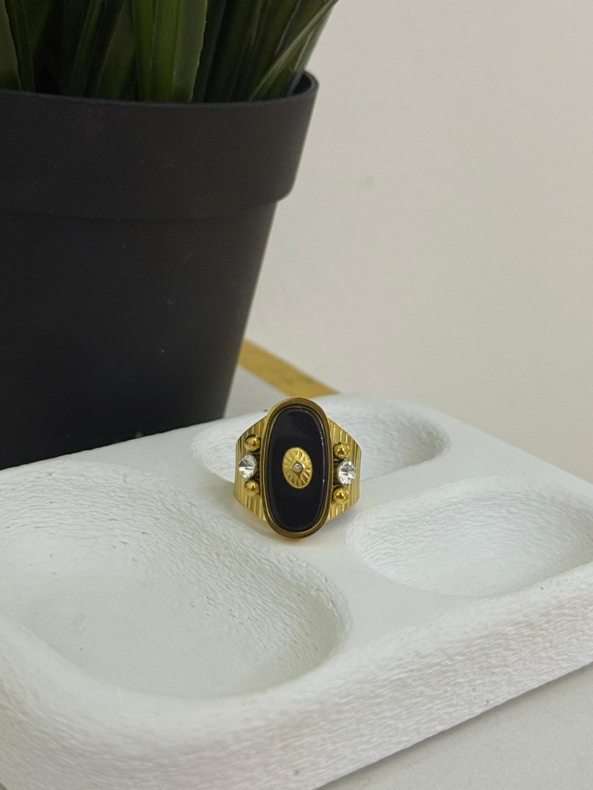 Sedef Taşlı Çelik Ayarlanabilir Siyah Yüzük 1123