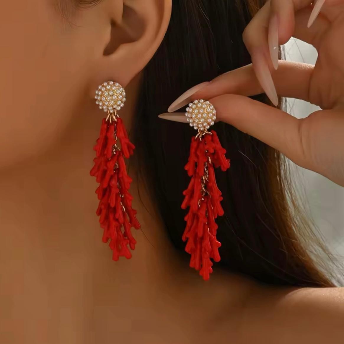 ZR Model Kırmızı Mercan İncili Küpe 847