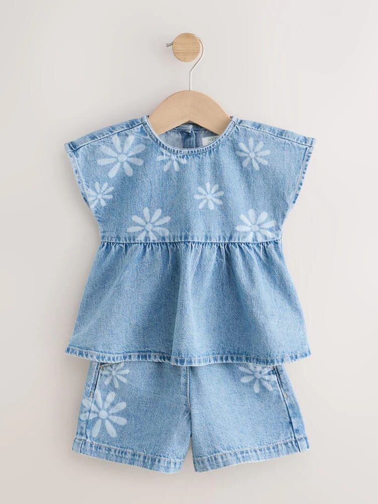 Çiçekli Yumuşak Denim Takım