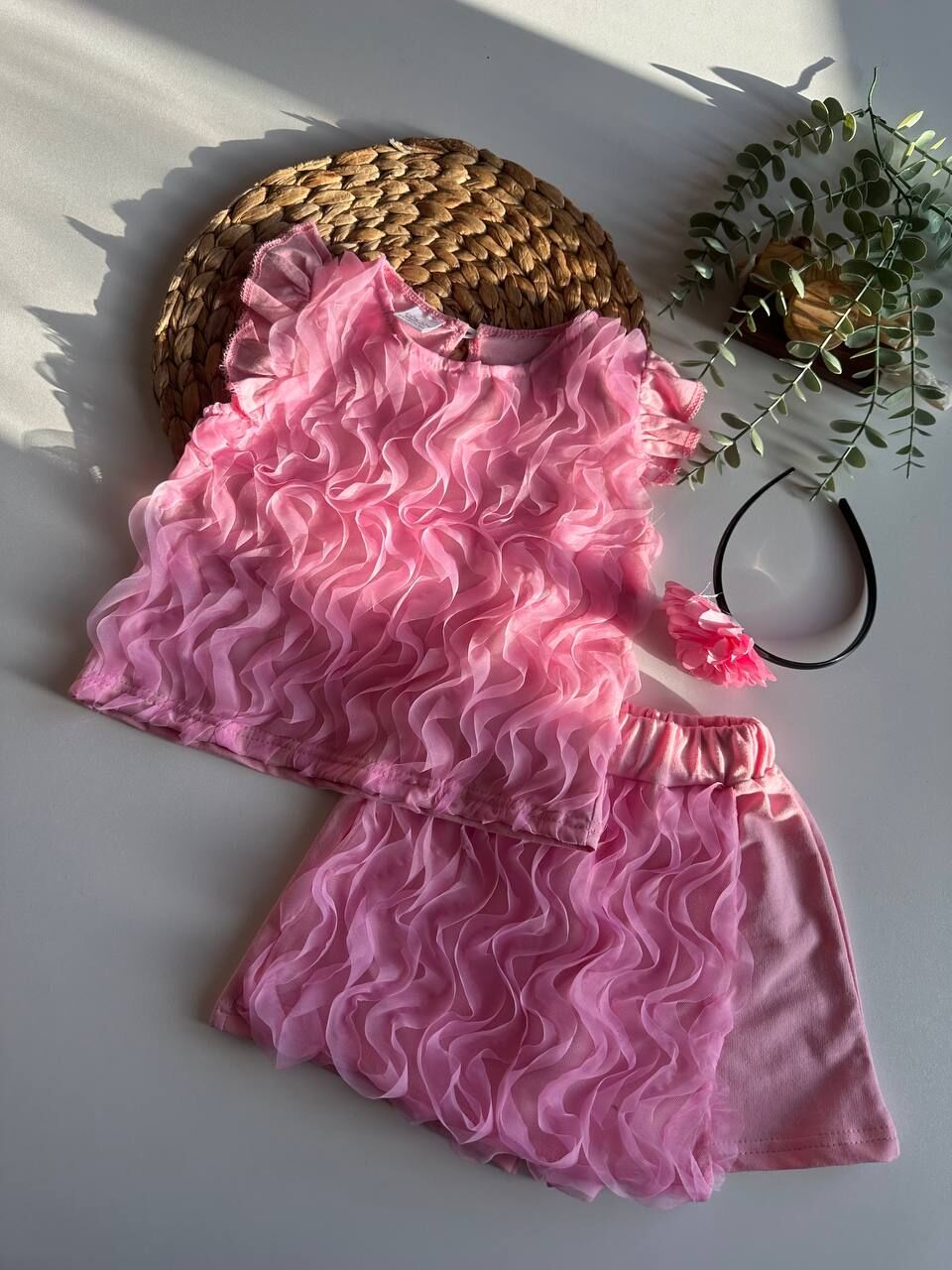Fırfırlı Pembe Şort Etekli Kız Çocuk Takım