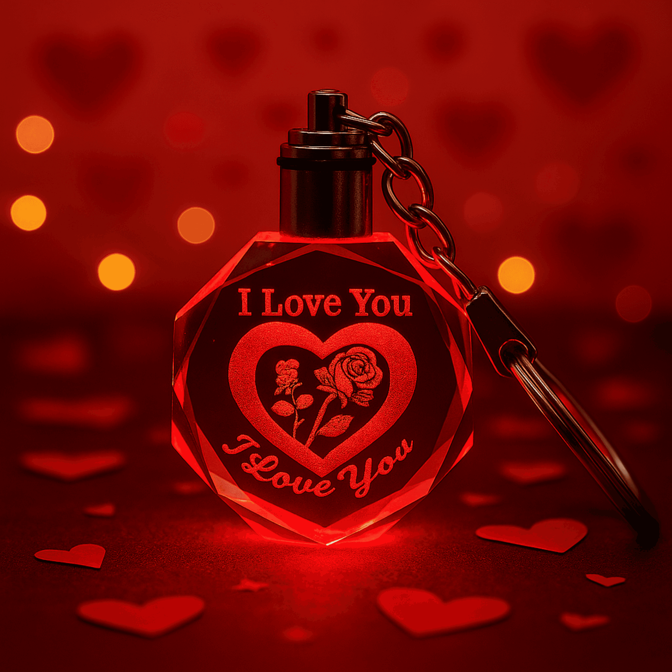 Renk Değiştiren Işıklı Kristal Cam Anahtarlık Gül Motifli “I Love You