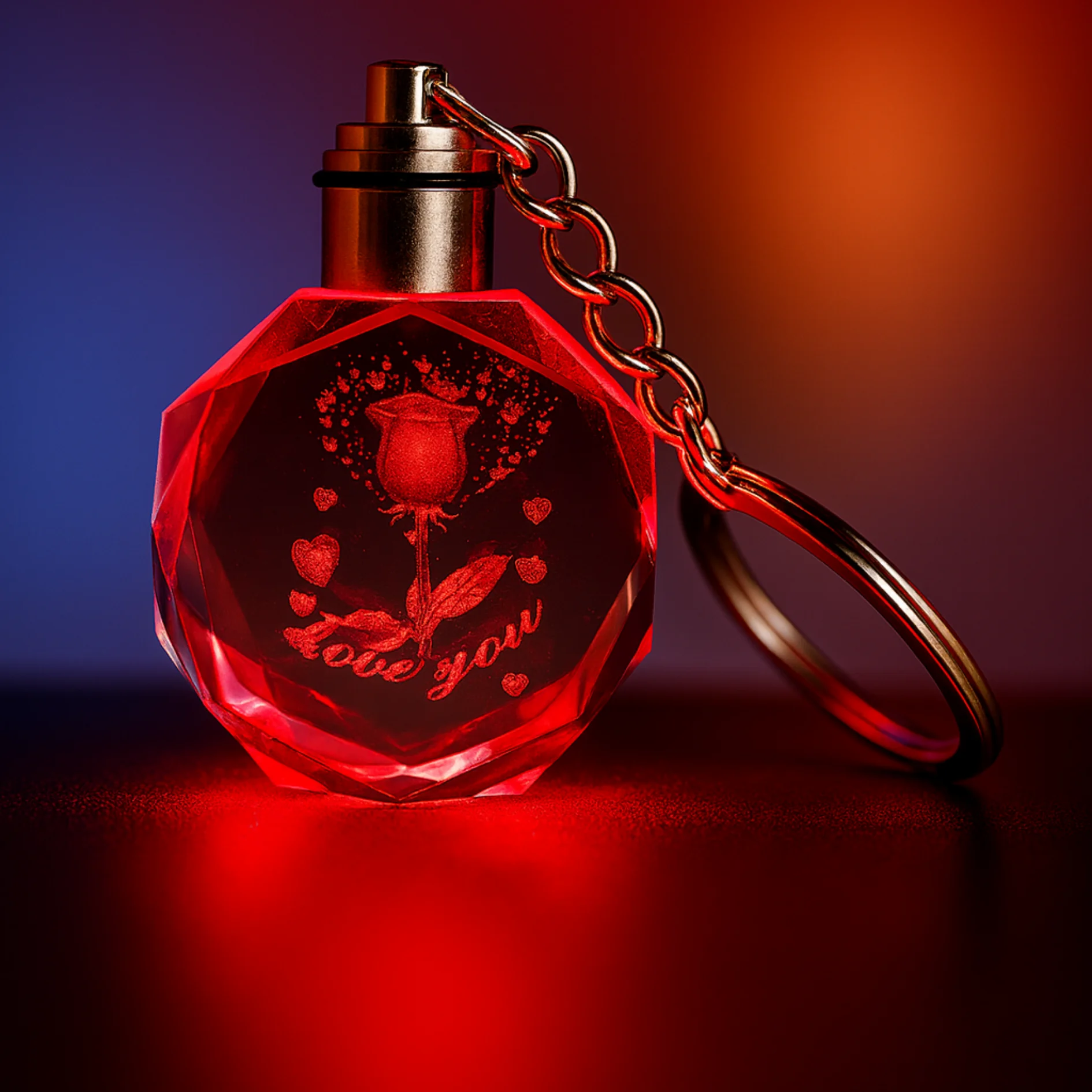 I Love You Yazılı Renk Değiştiren Işıklı Kristal Cam Anahtarlık