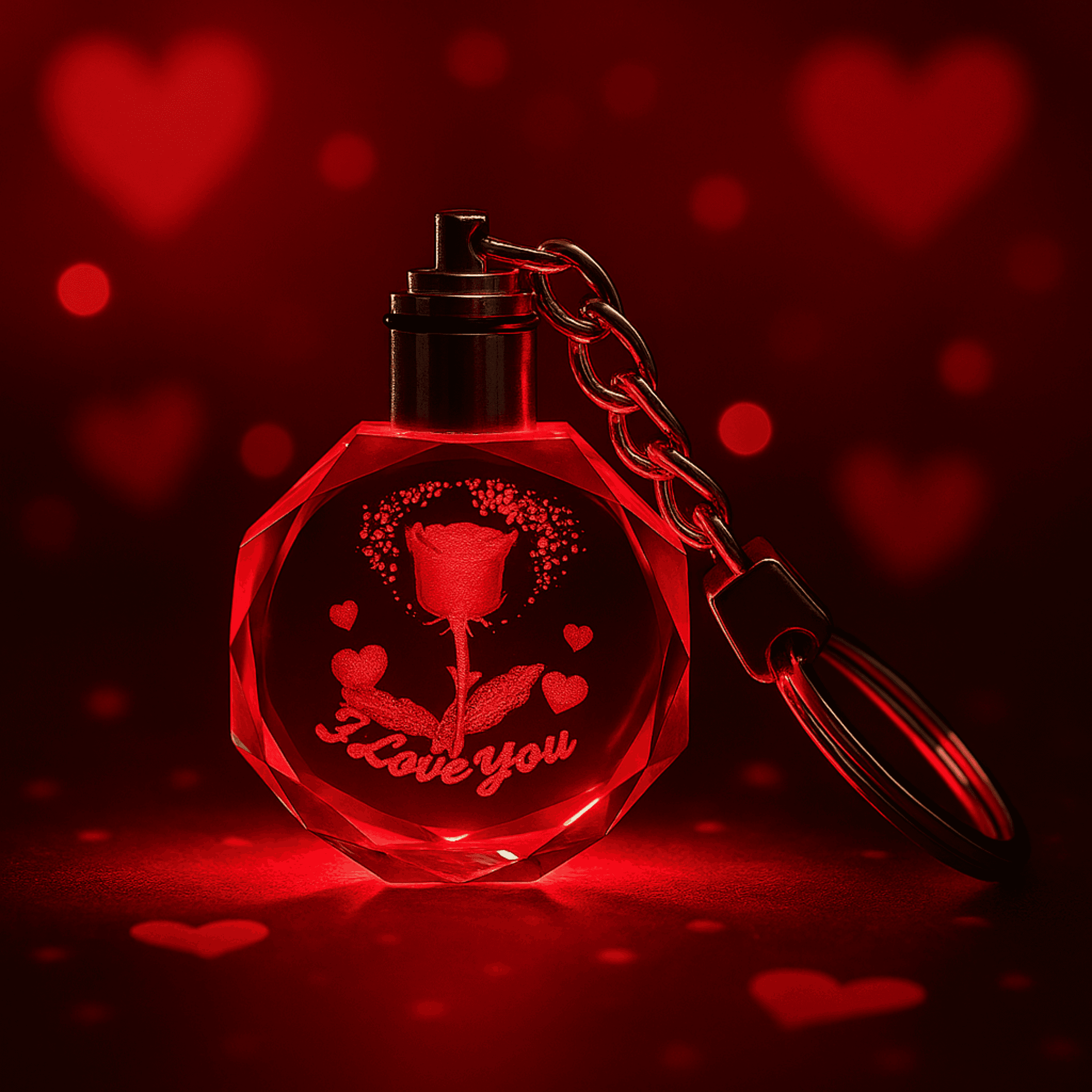 I Love You Yazılı Renk Değiştiren Işıklı Kristal Cam Anahtarlık