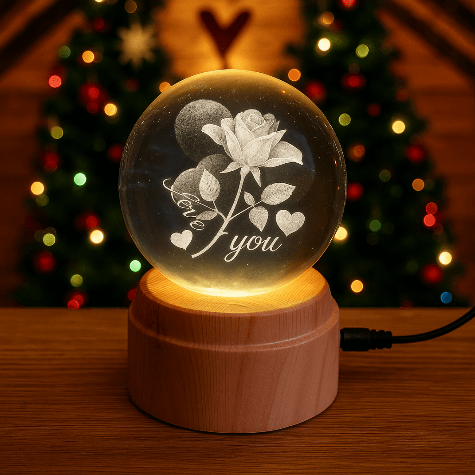 USB’li I Love You Dönen Cam Küre (LED Işıklı)