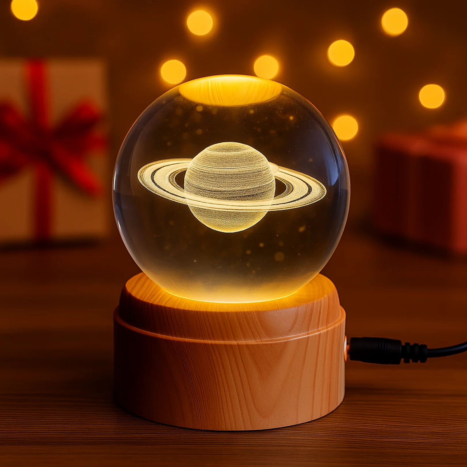Satürn Gezegen Tasarımlı USB’li Dönen Işıklı Cam Küre