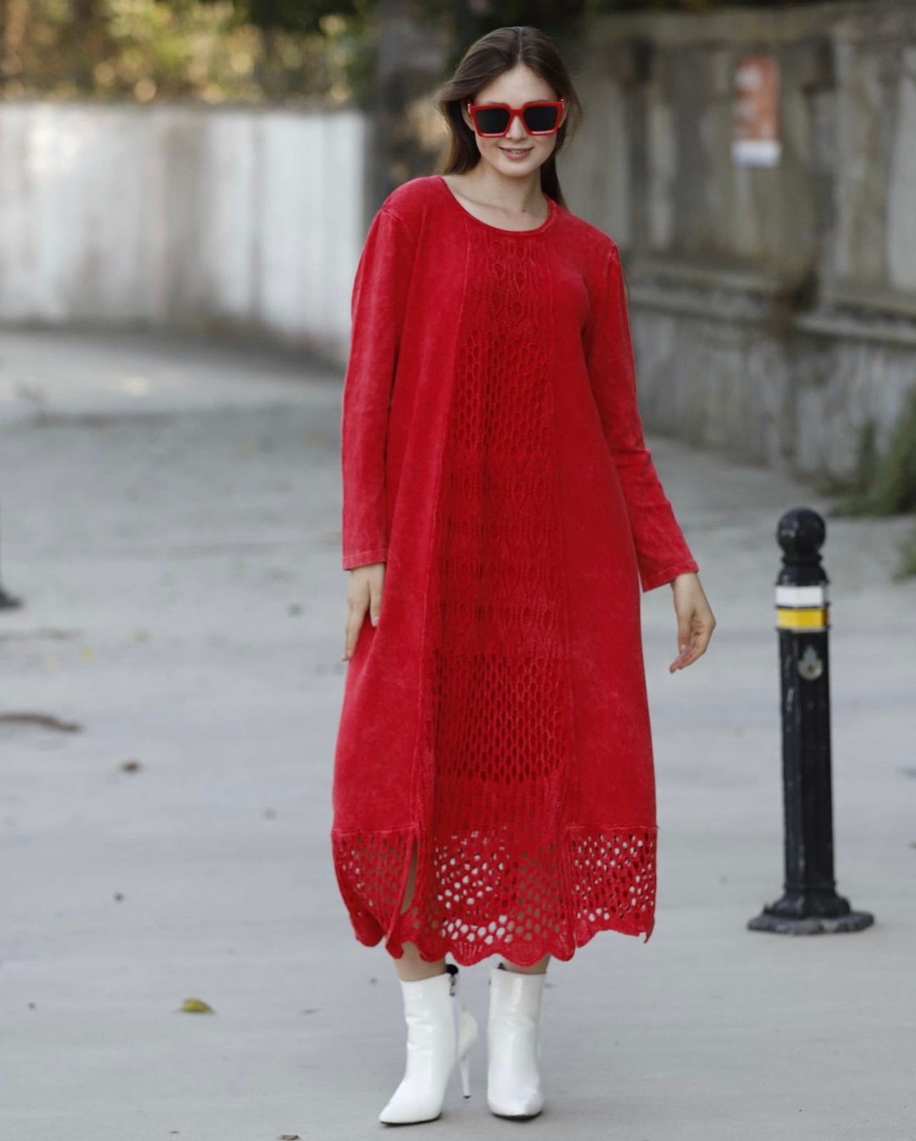 %100 Pamuk İşleme Detay Elbise | Kırmızı