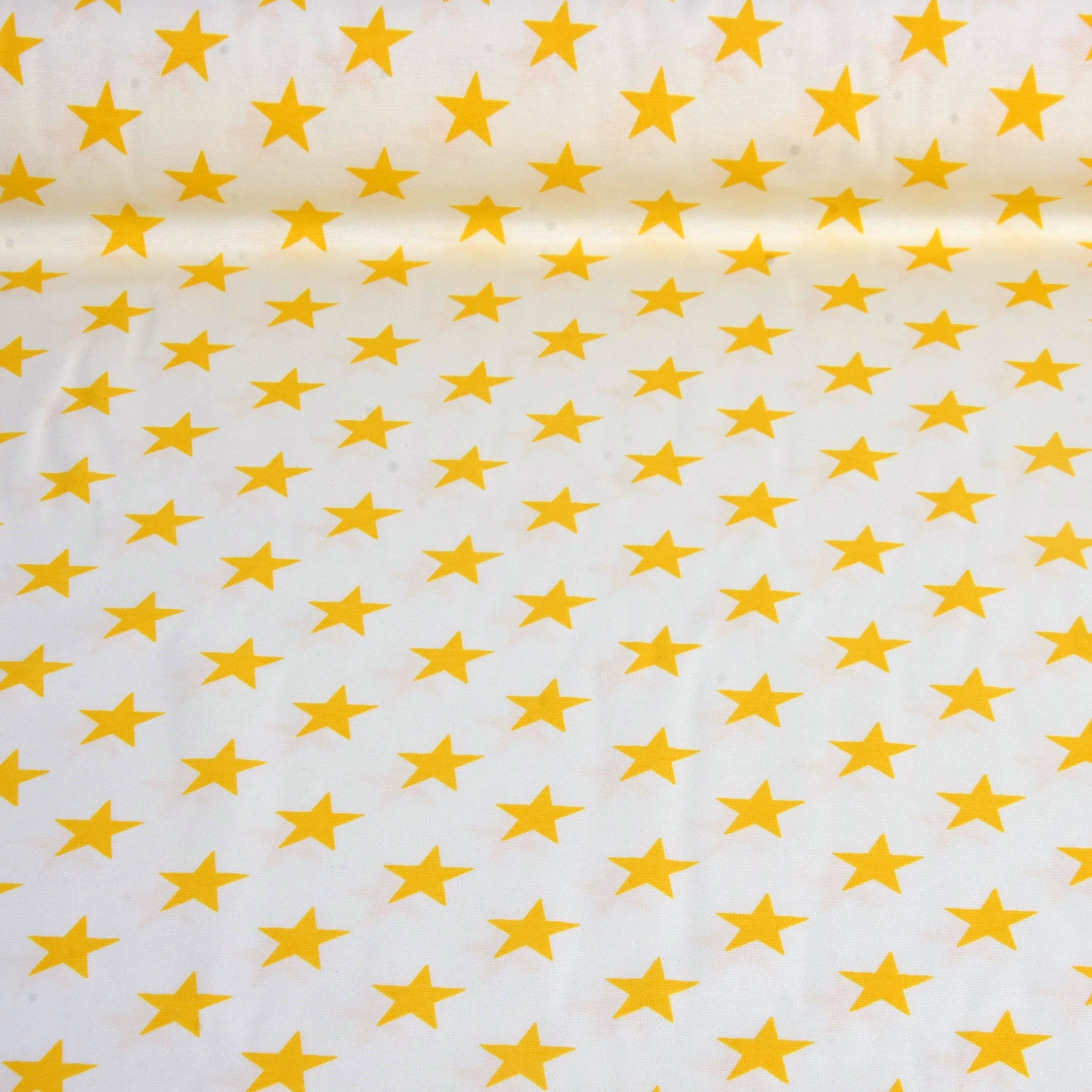 Premier Beyaz Zemin Sarı Yıldız Desen Duck Keten Kumaş Eni 180 Cm