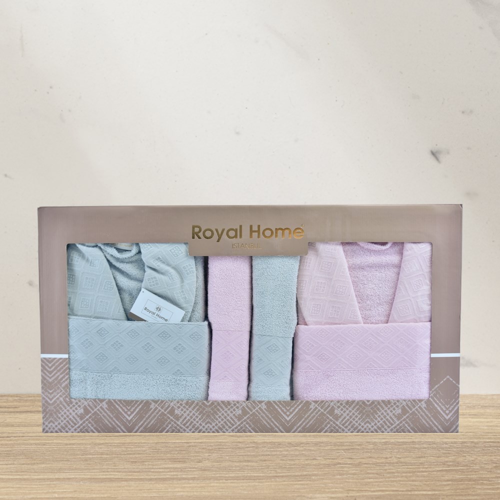 Royal Home Modal Gri-Pembe Jakarlı 6 Prç. Aile Bornoz Seti