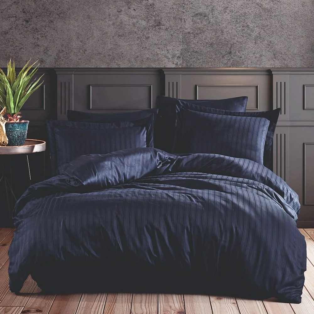 Fiesta Çift Kişilik Çizgili Saten Nevresim Takımı Luna Lacivert