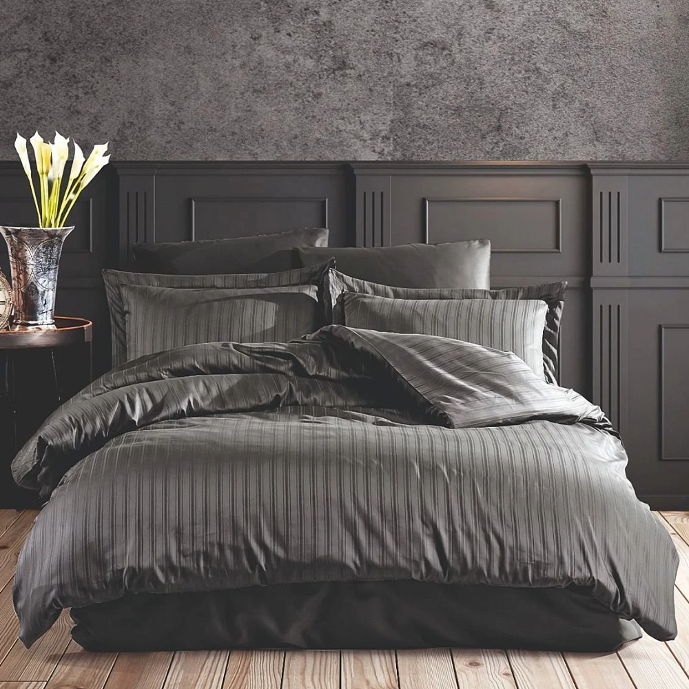 Fiesta Çift Kişilik Çizgili Saten Nevresim Takımı Luna Antrasit