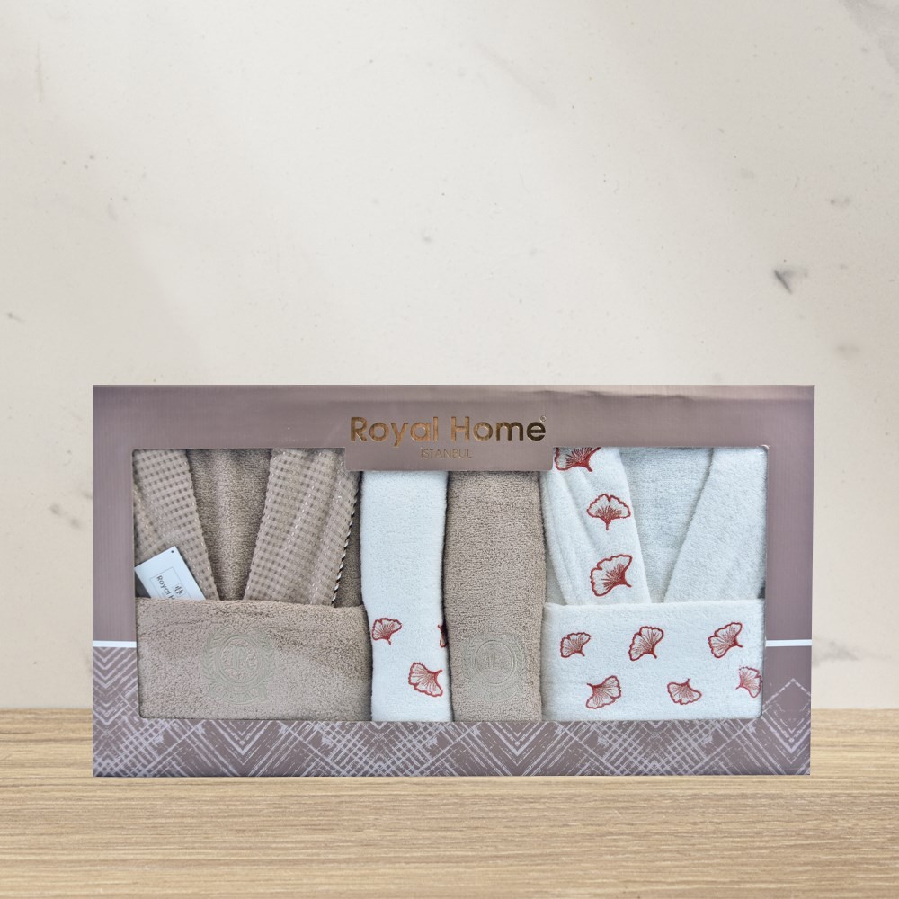 Royal Home Lotus Bej-Krem-Kiremit 6 Prç. Aile Bornoz Seti