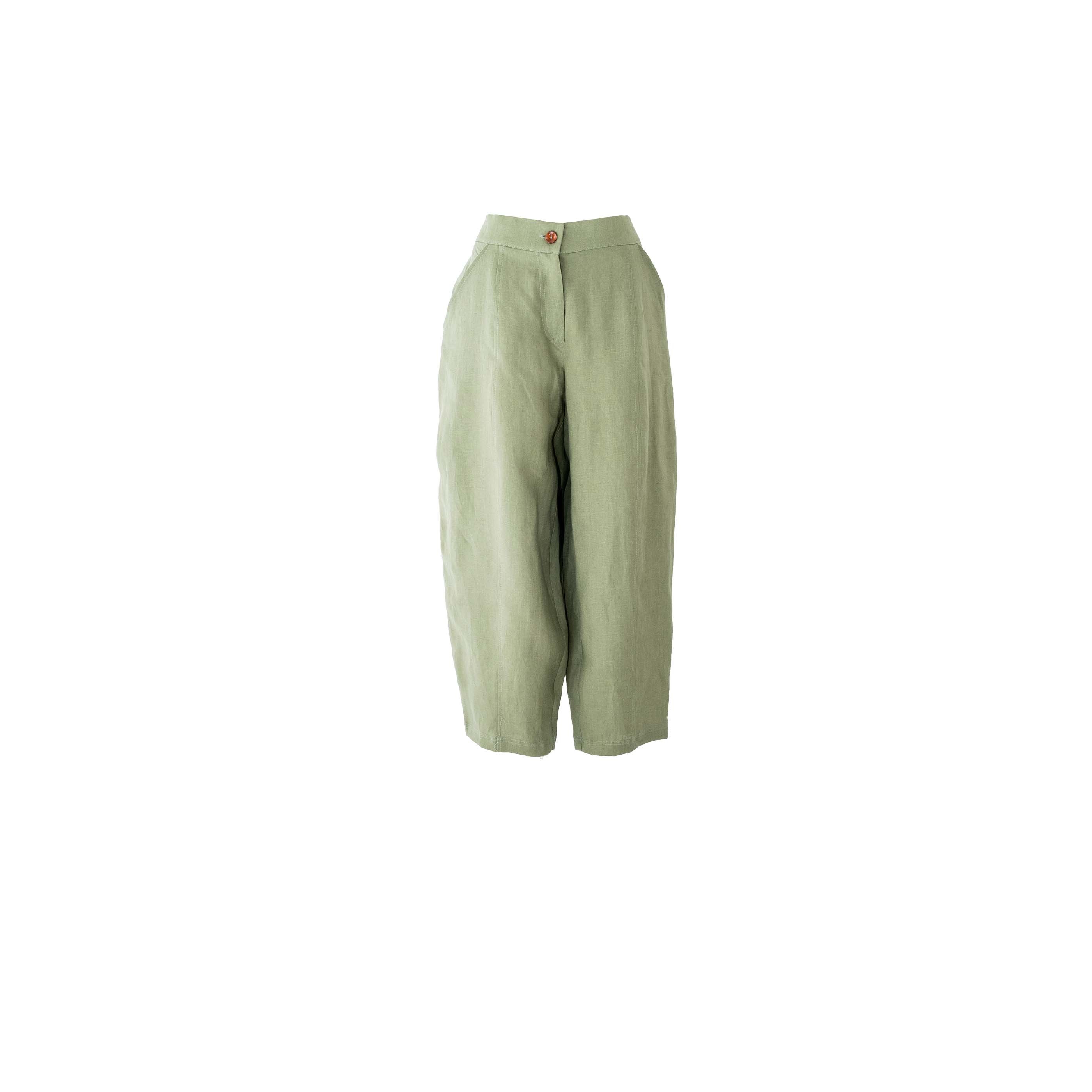 Beli Lastikli Yeşil Keten Pantolon