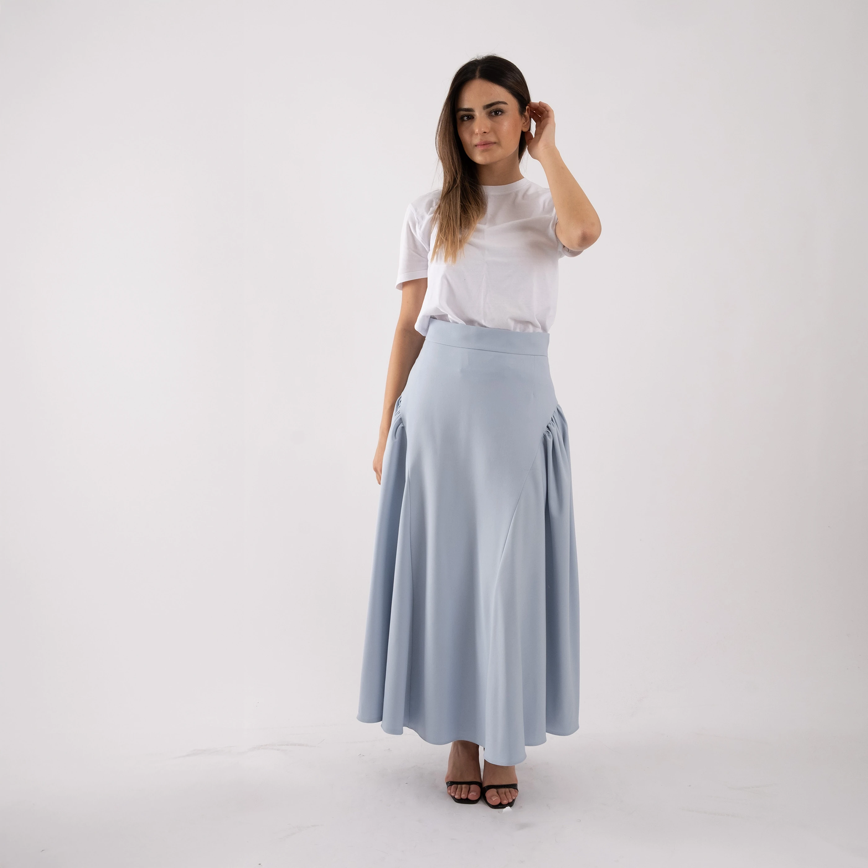 Asimetrik Volanlı Hafif Gabardin Etek - Bebe Mavisi