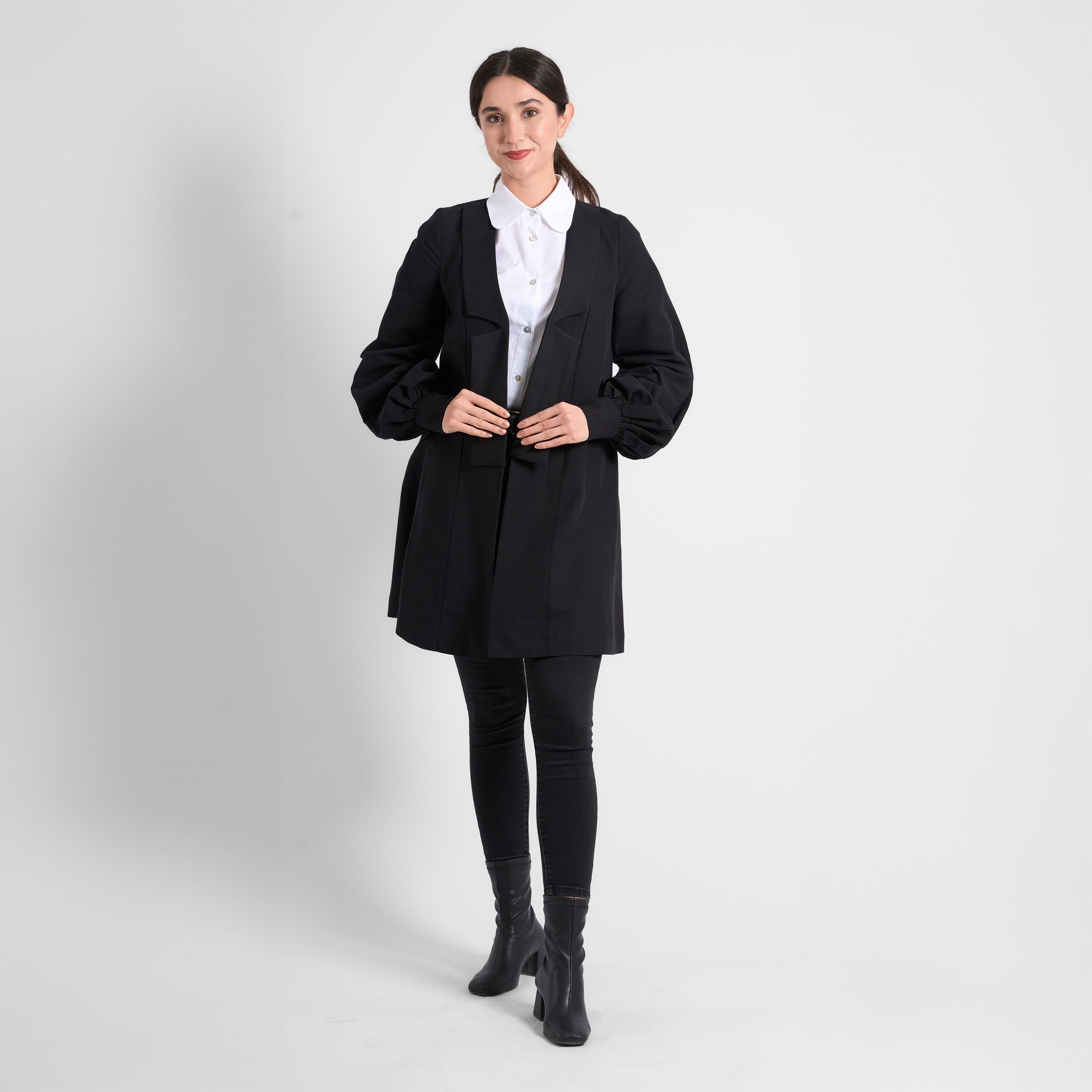 Kruvaze Detaylı Uzun Blazer Ceket - Siyah