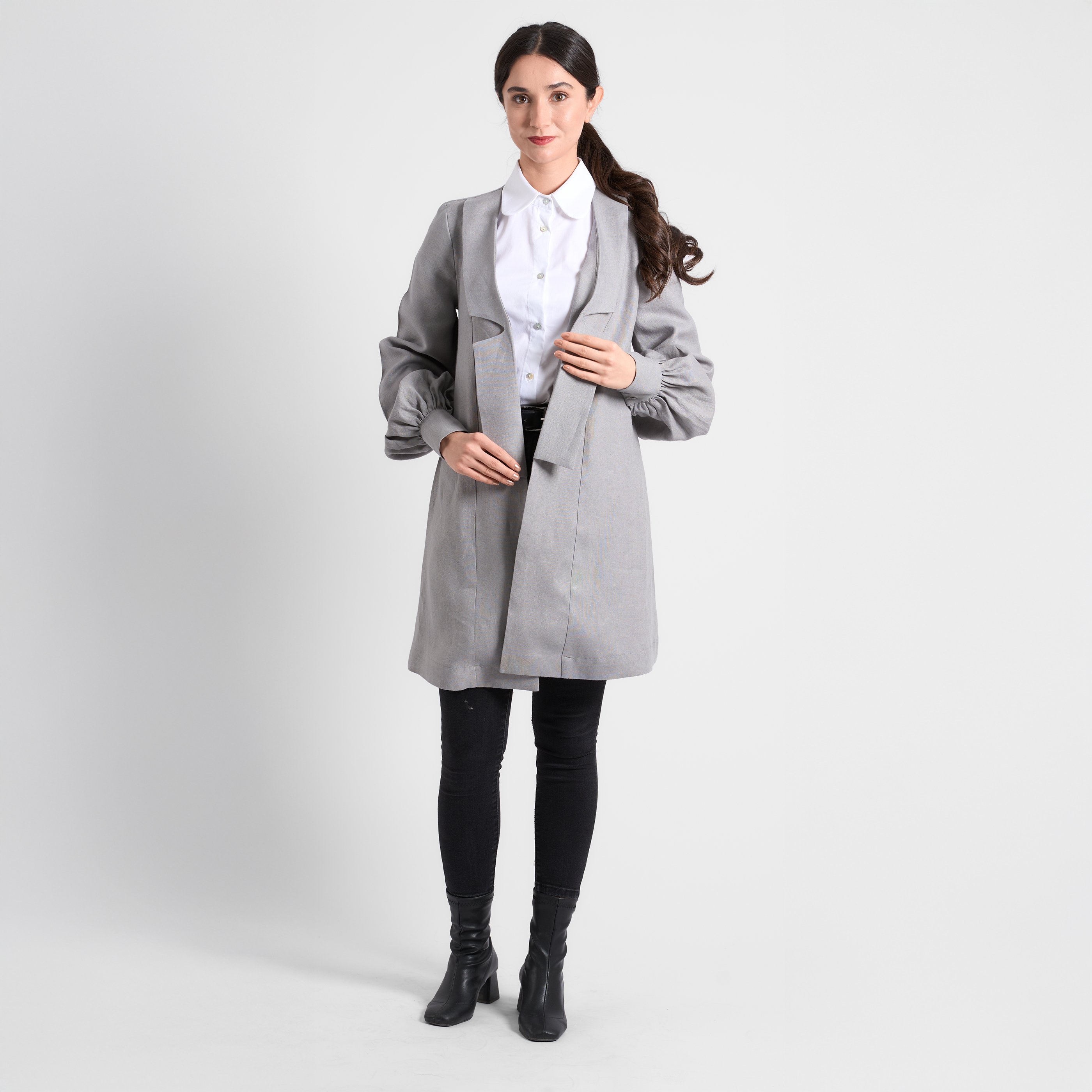Kruvaze Detaylı Uzun Blazer Ceket - Taş