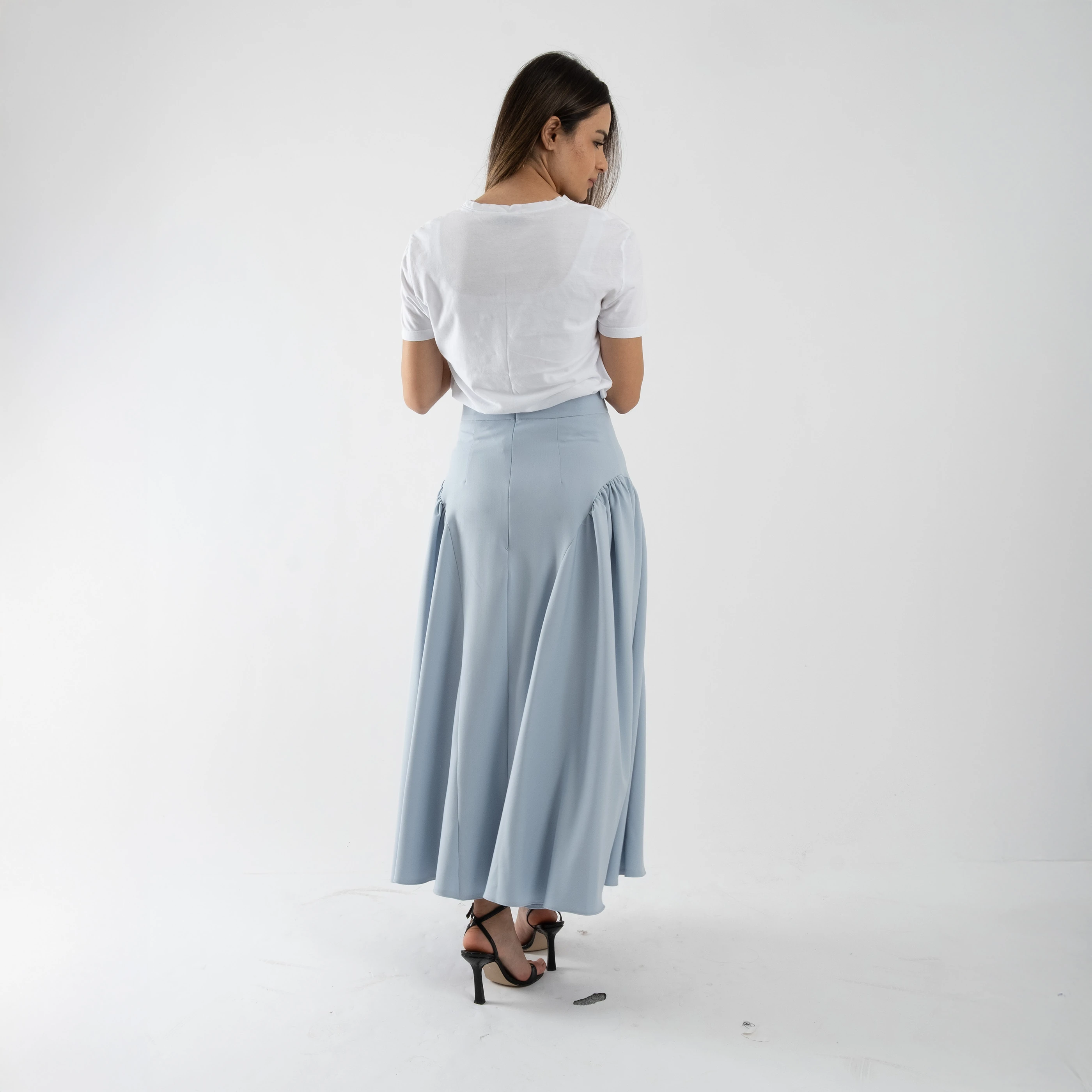 Asimetrik Volanlı Hafif Gabardin Etek - Bebe Mavisi