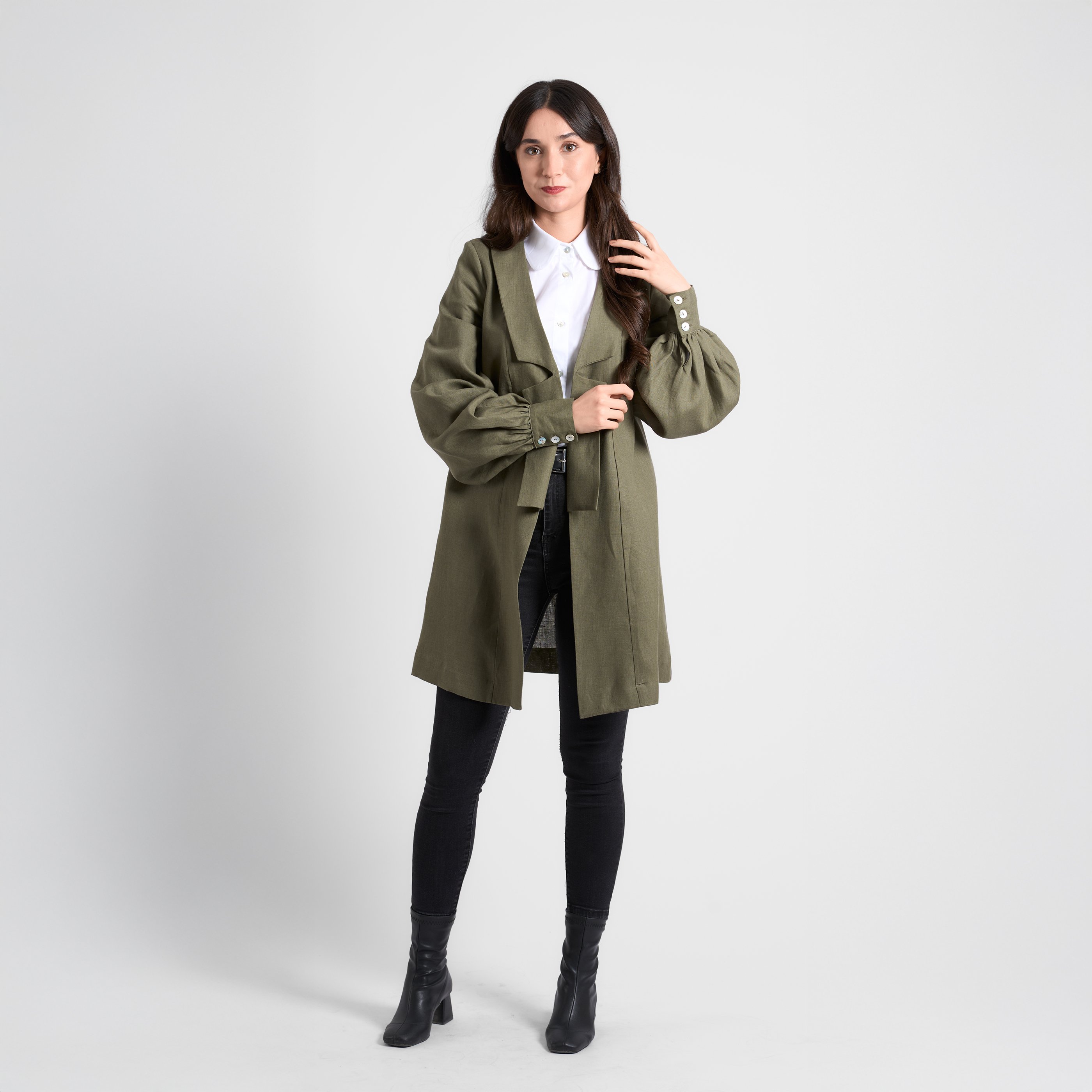 Kruvaze Detaylı Uzun Blazer Ceket - Haki