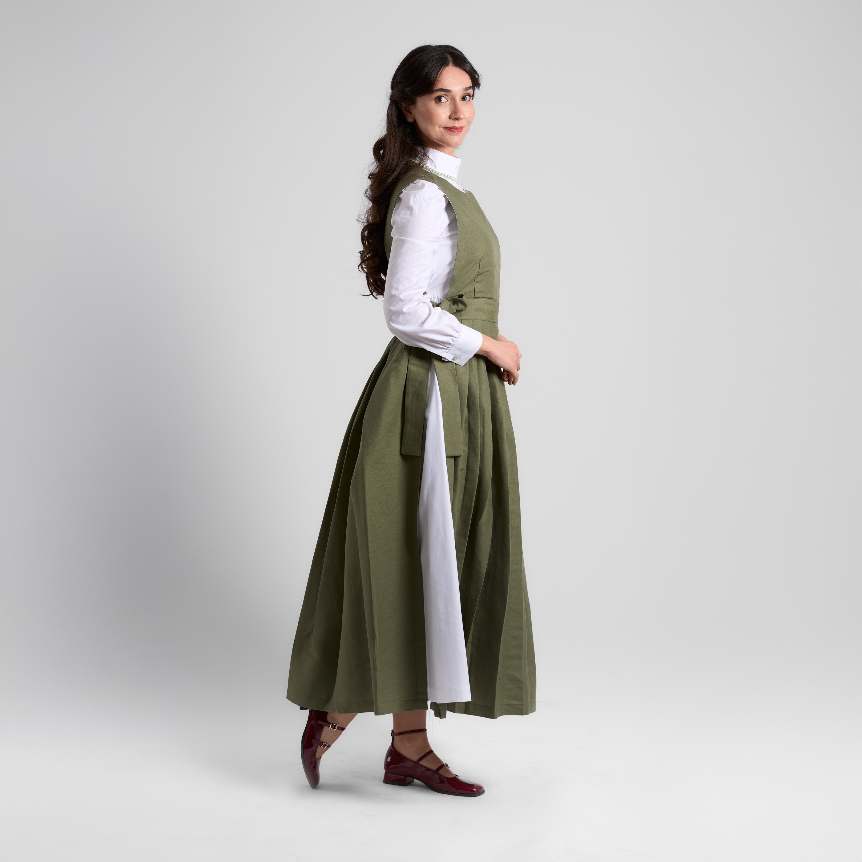 Pinafore Keten Elbise  - Haki