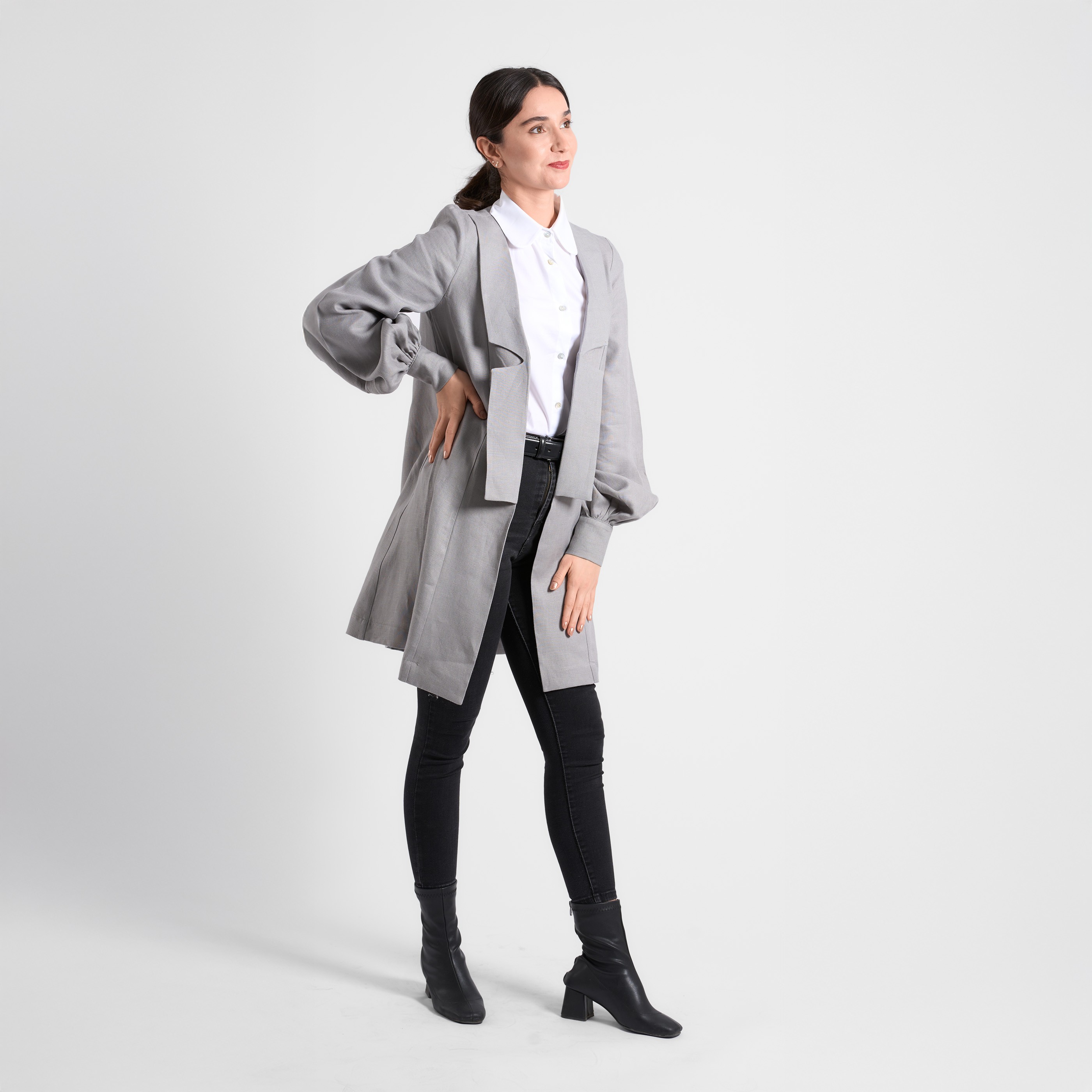 Kruvaze Detaylı Uzun Blazer Ceket - Taş