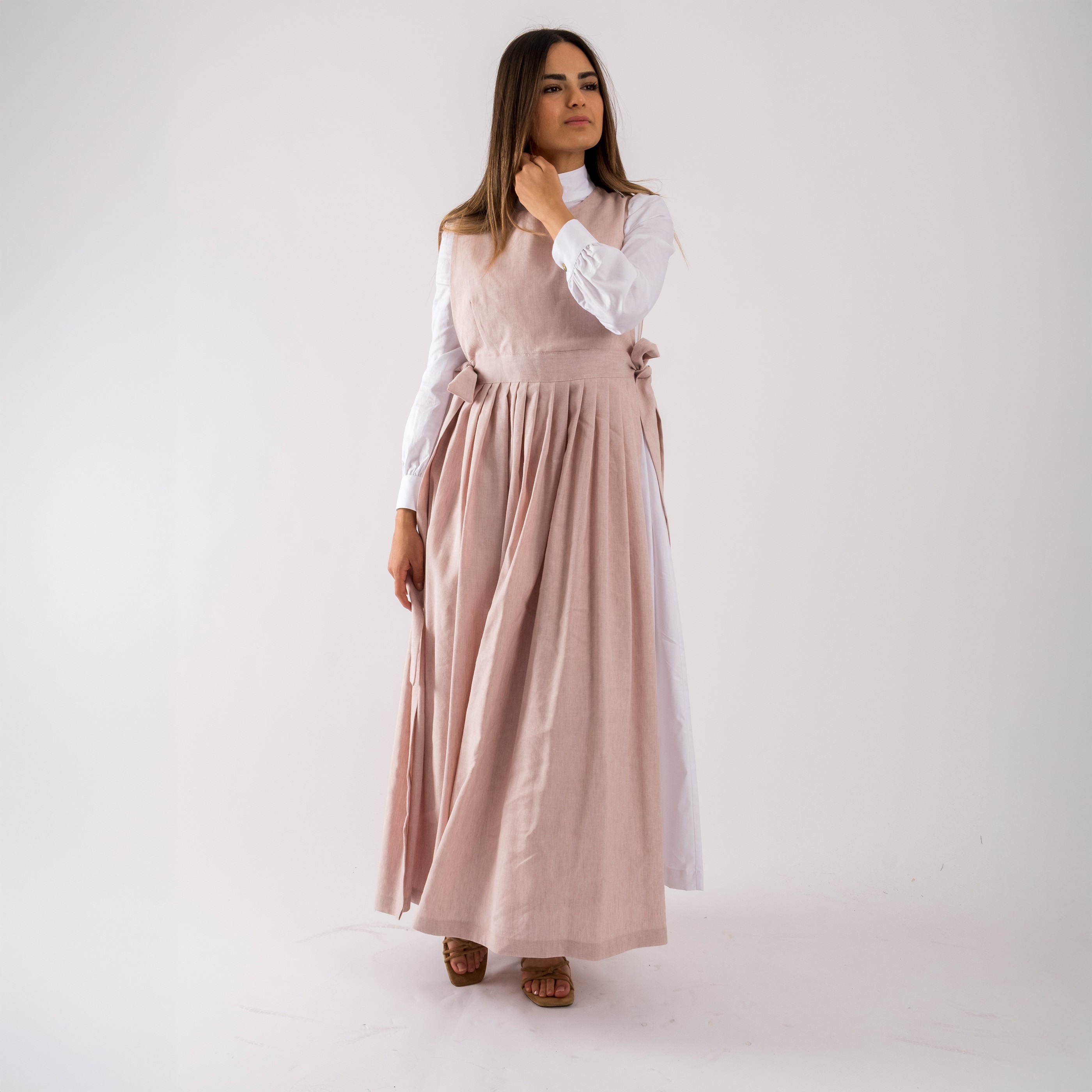Pinafore Keten Elbise  - Pudra