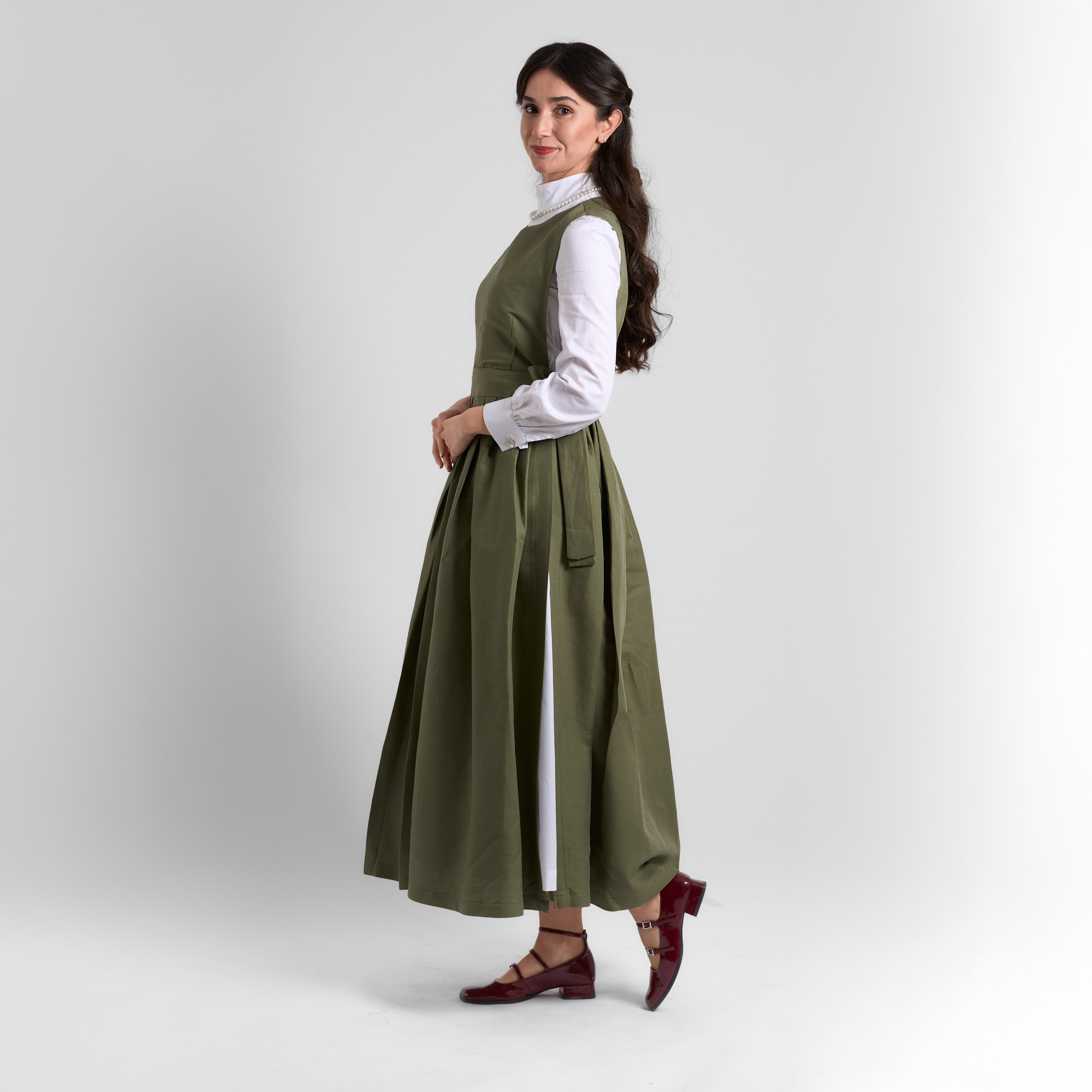 Pinafore Keten Elbise  - Haki