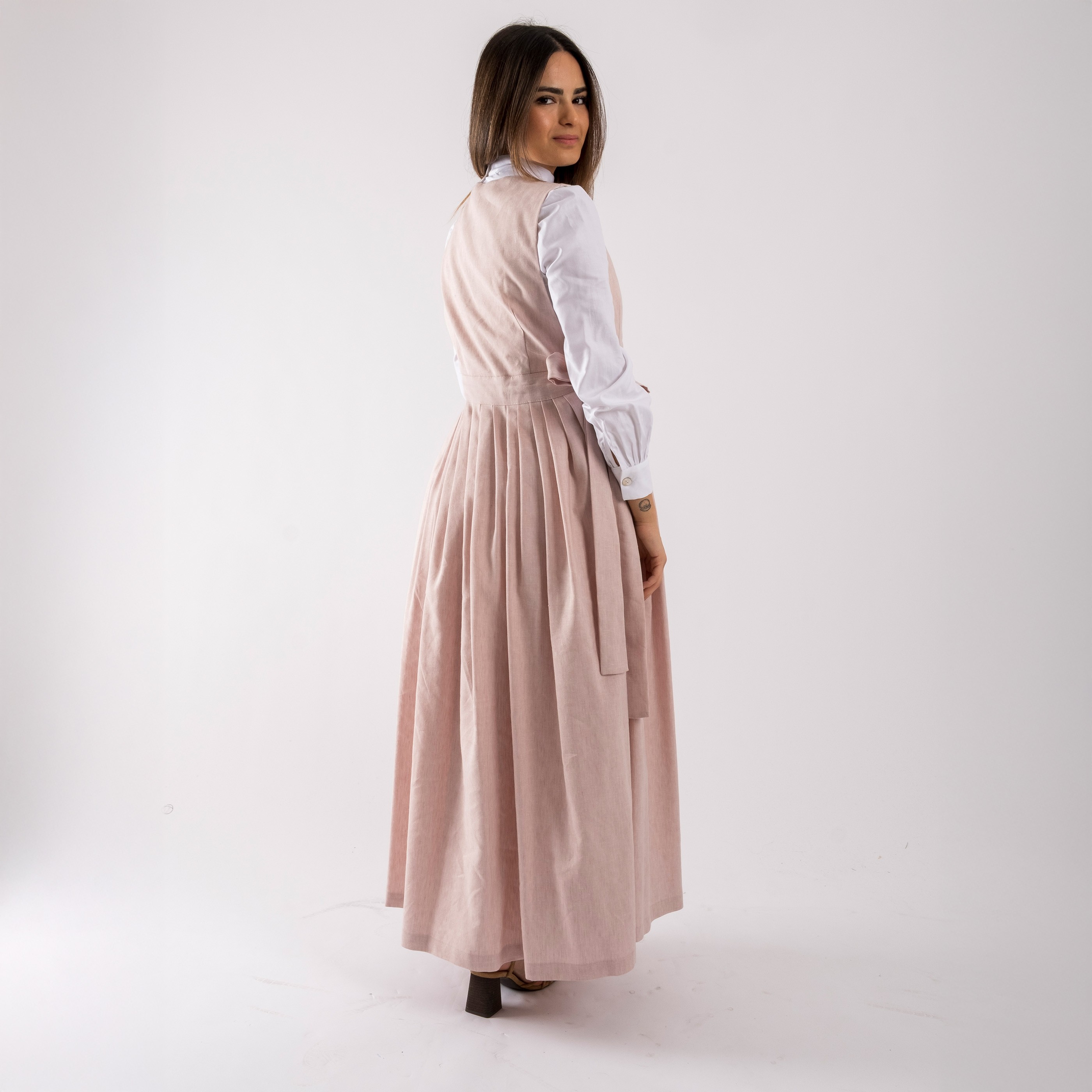 Pinafore Keten Elbise  - Pudra