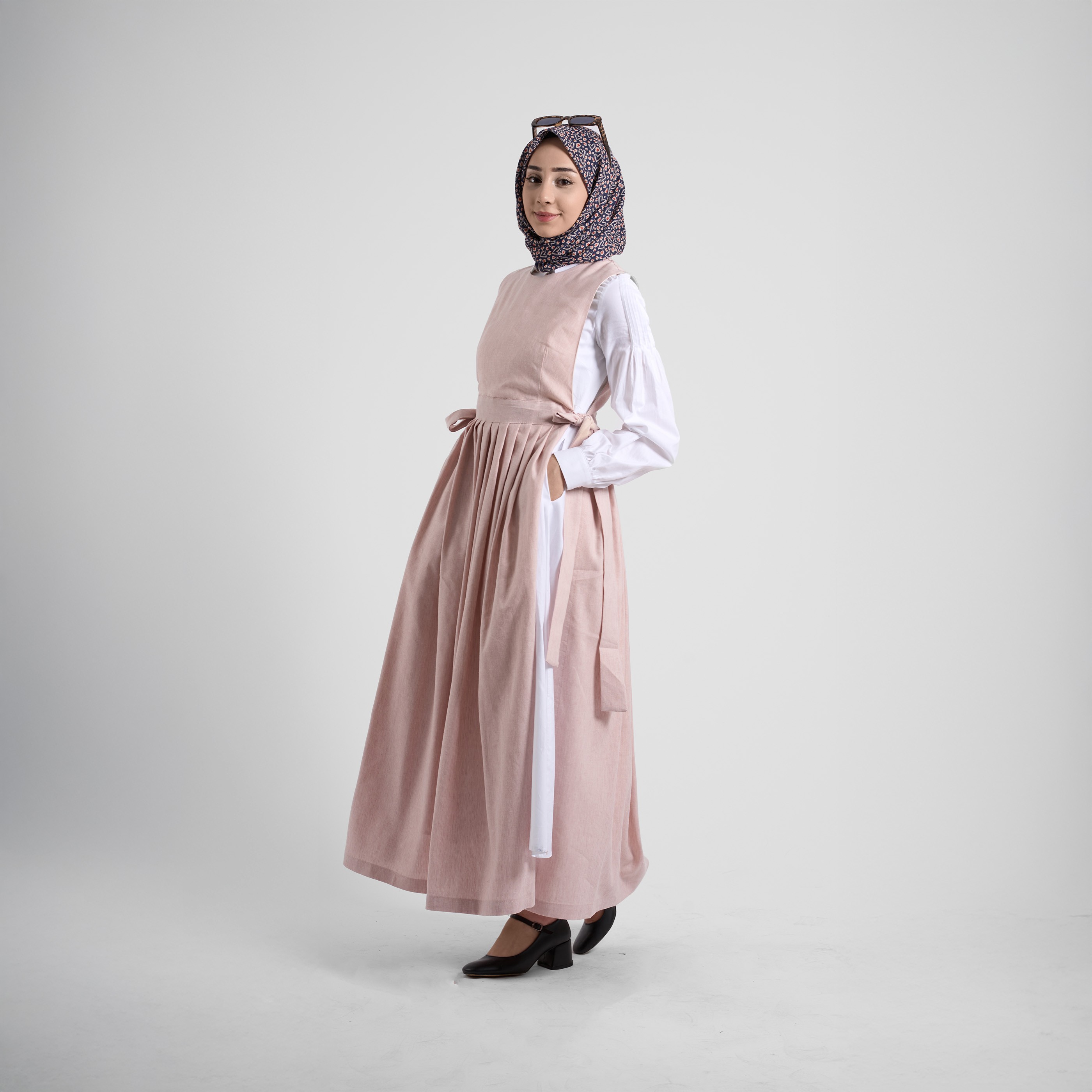 Pinafore Keten Elbise  - Pudra