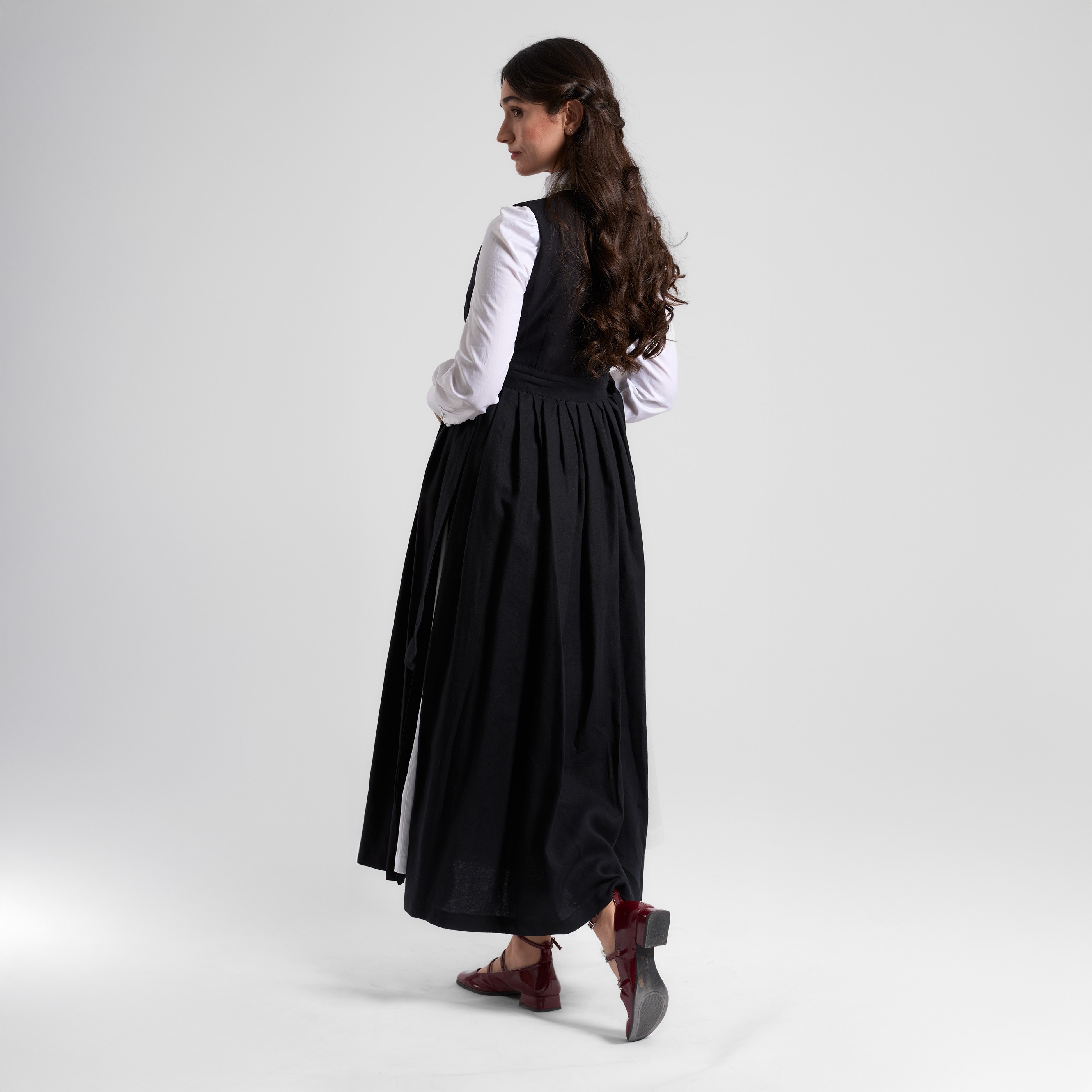 Pinafore Keten Elbise  - Siyah