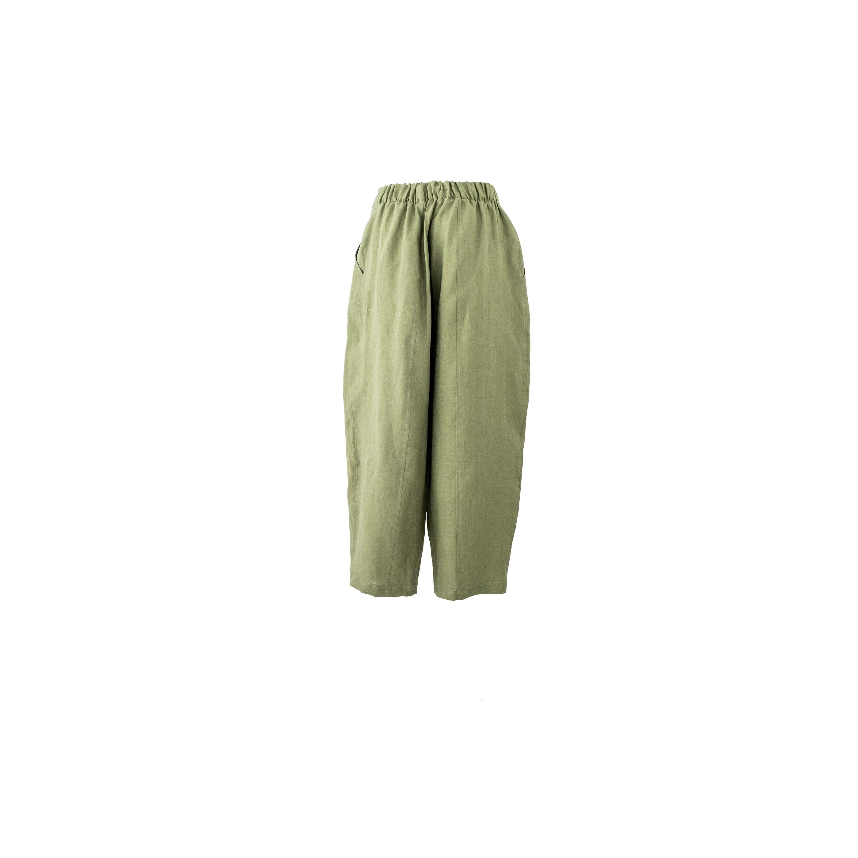 Beli Lastikli Yeşil Keten Pantolon