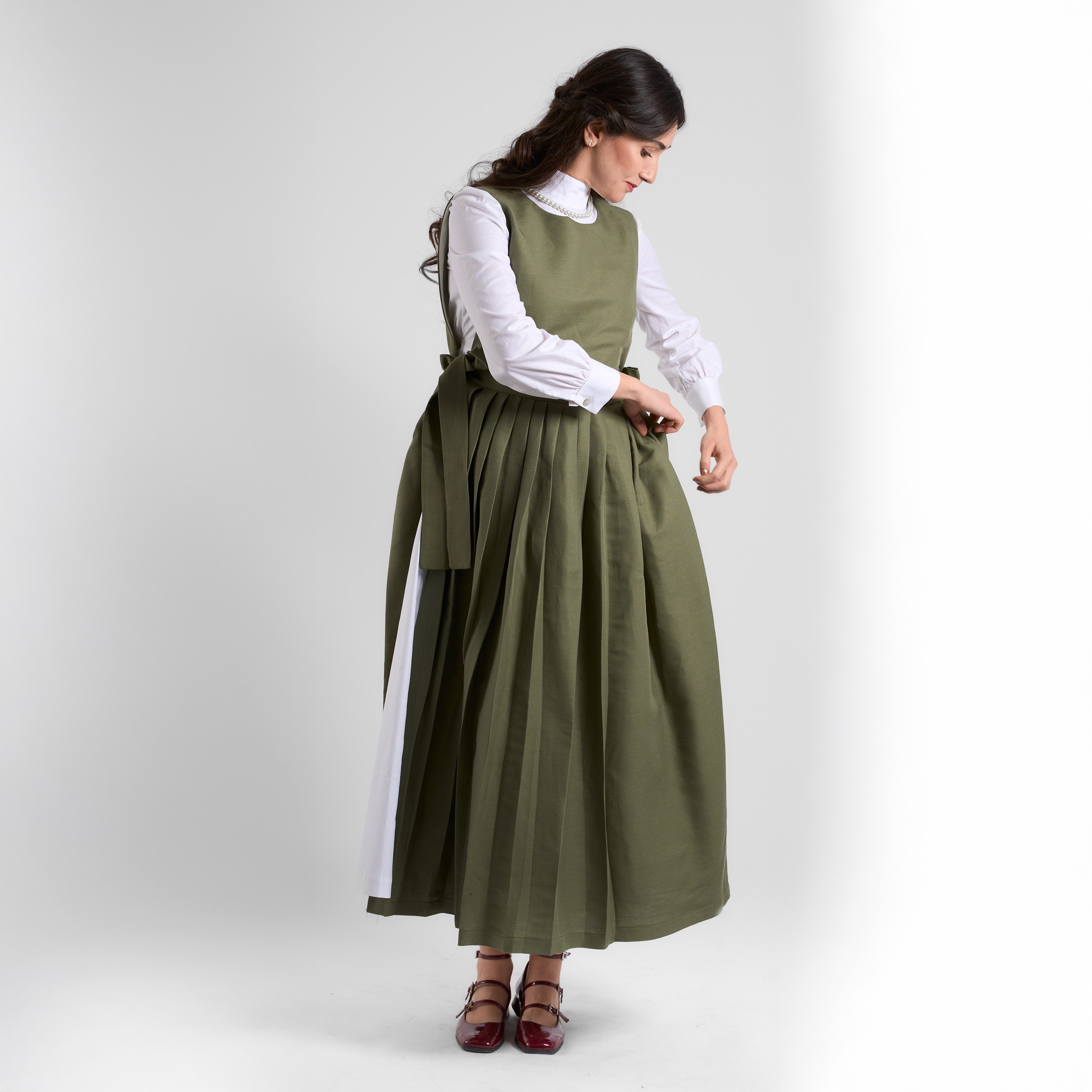 Pinafore Keten Elbise  - Haki