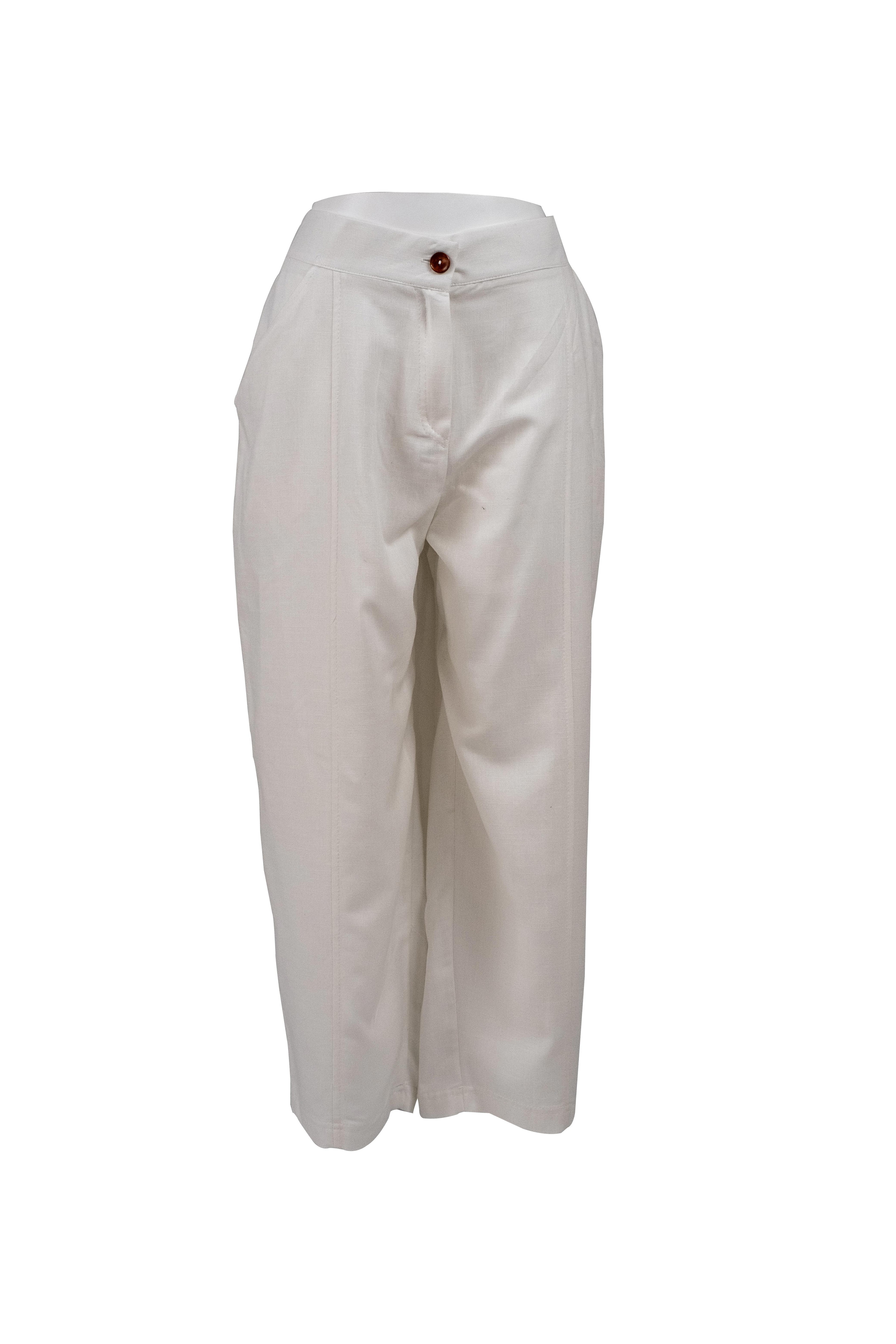 Beli Lastikli Krem Beyaz Keten Pantolon