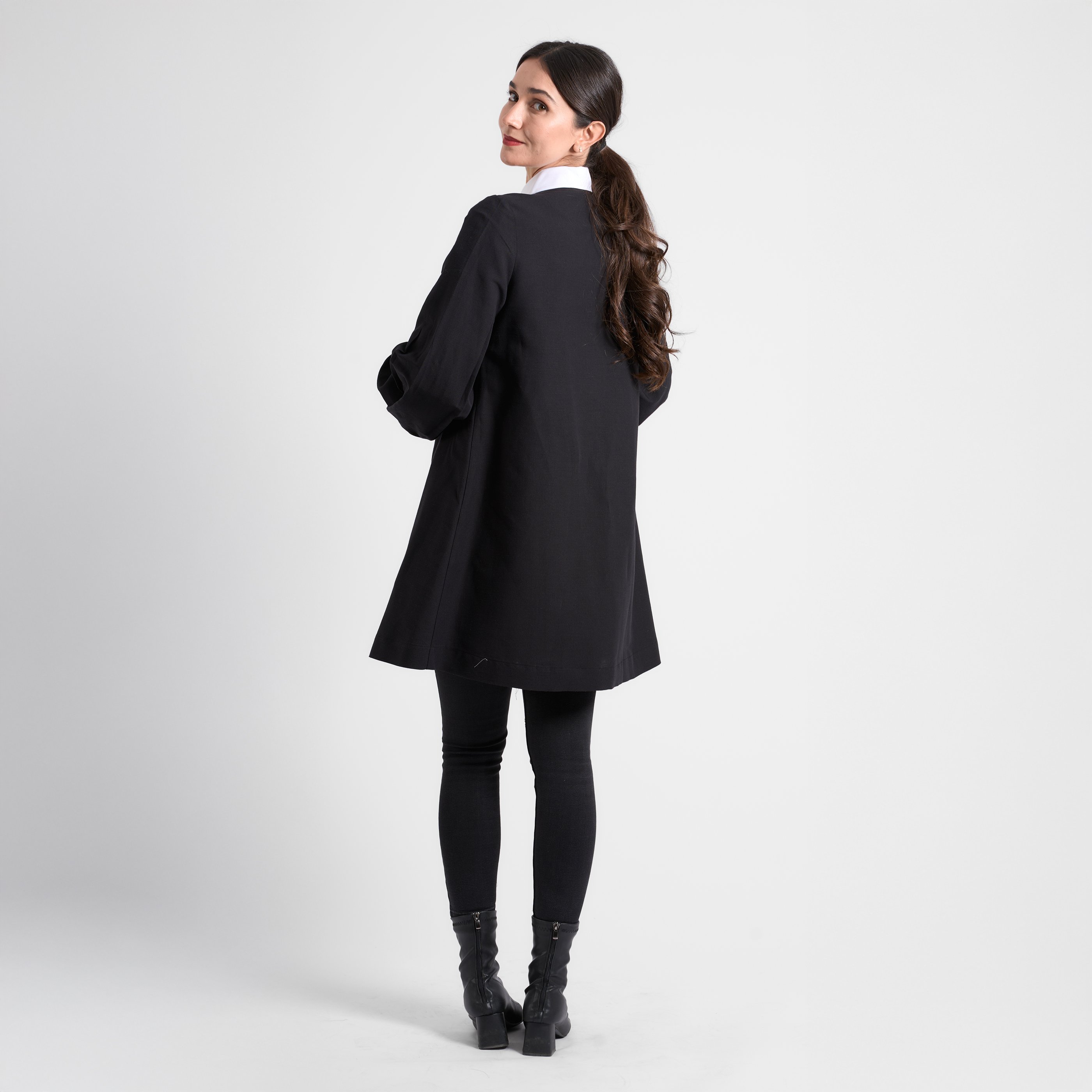 Kruvaze Detaylı Uzun Blazer Ceket - Siyah