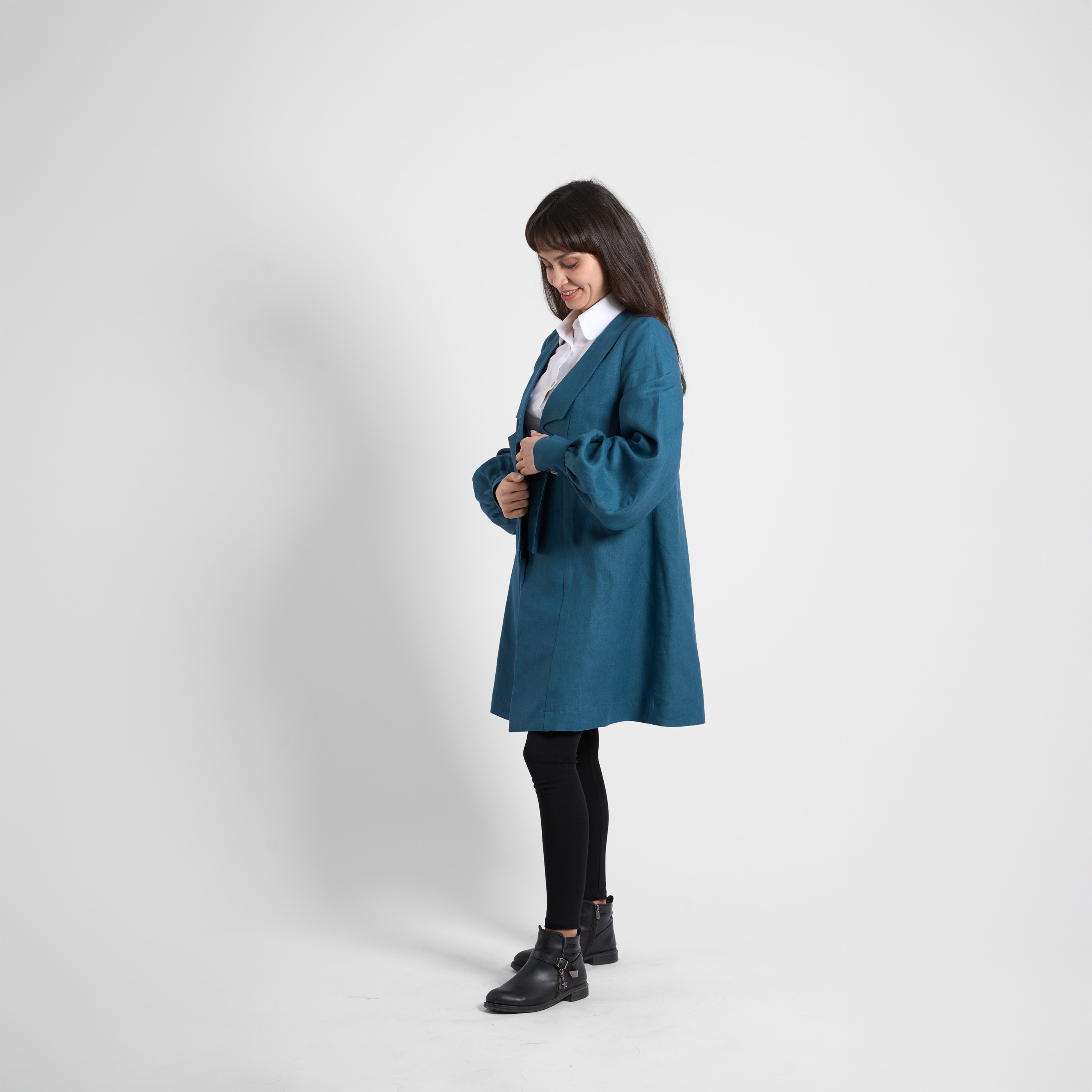 Kruvaze Detaylı Uzun Blazer Ceket - İndigo