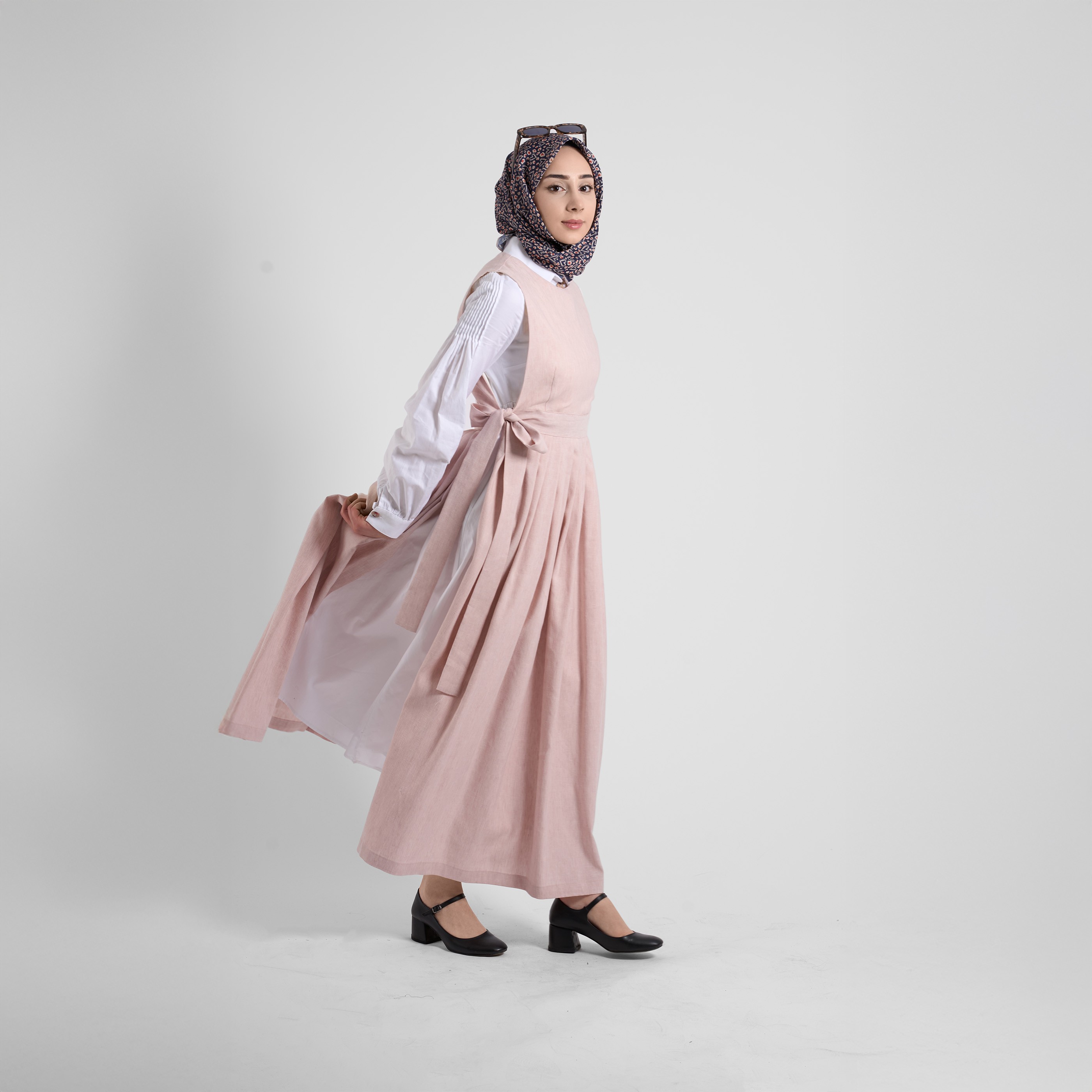 Pinafore Keten Elbise  - Pudra