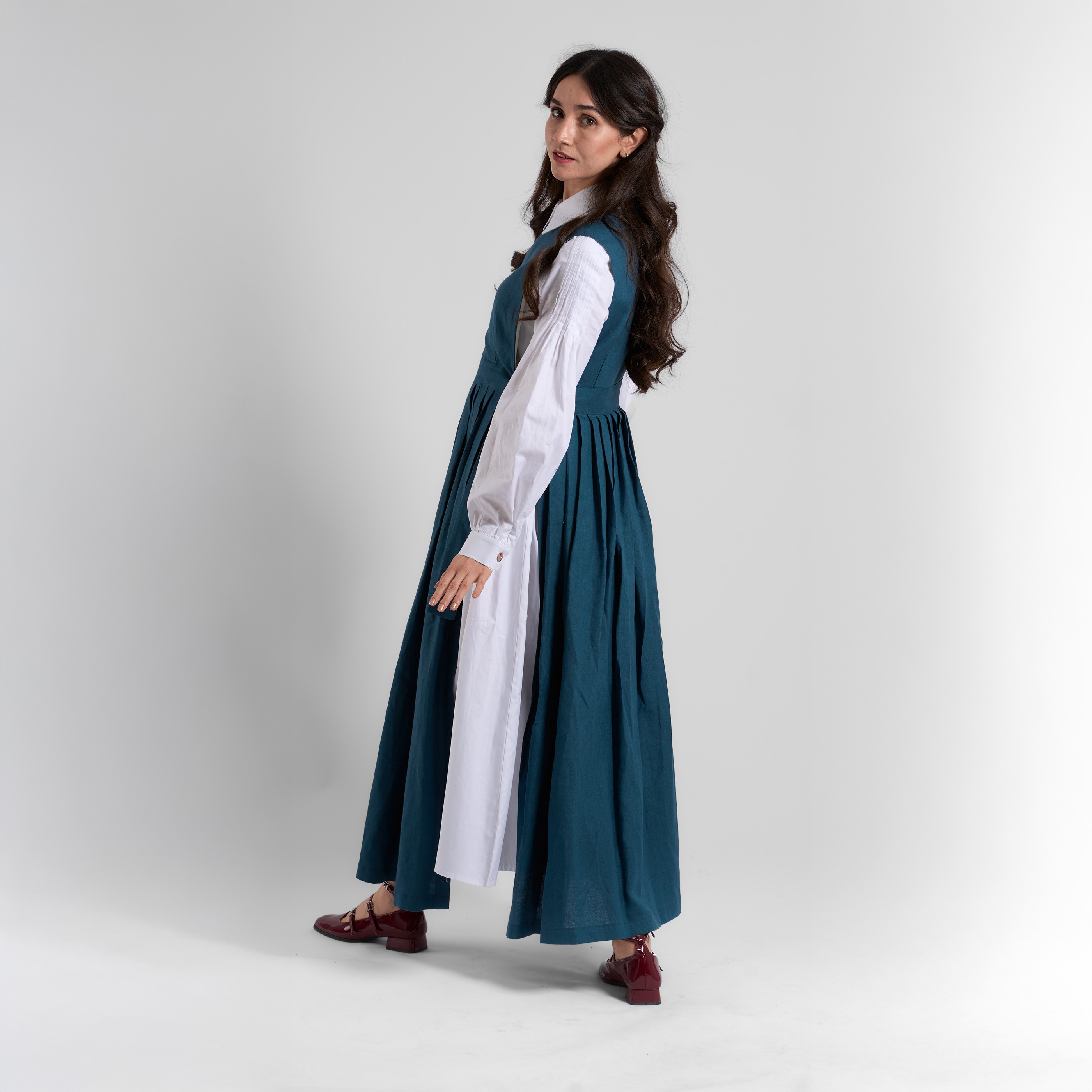 Pinafore Keten Elbise  - İndigo