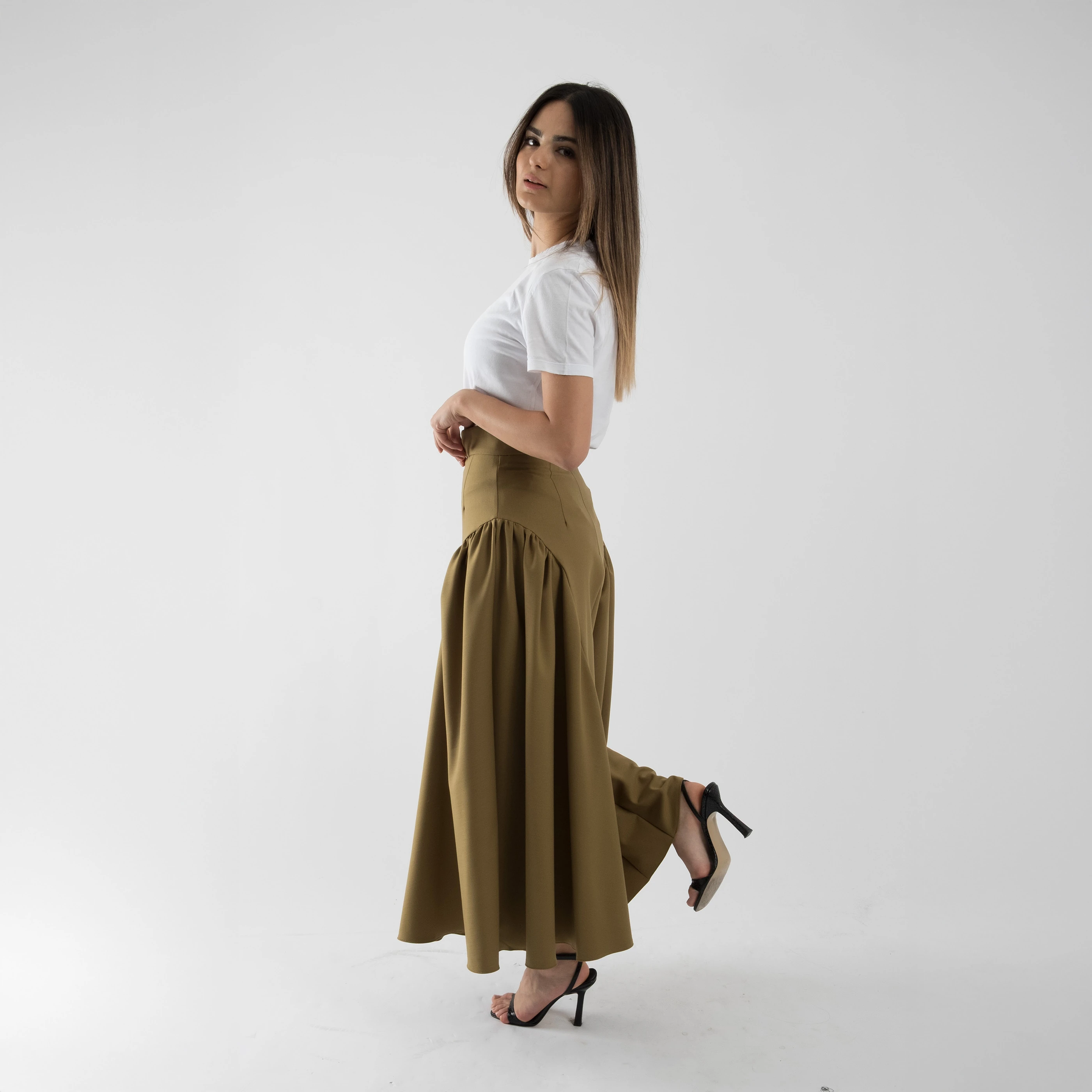 Asimetrik Volanlı Hafif Gabardin Etek - Yağ Yeşili