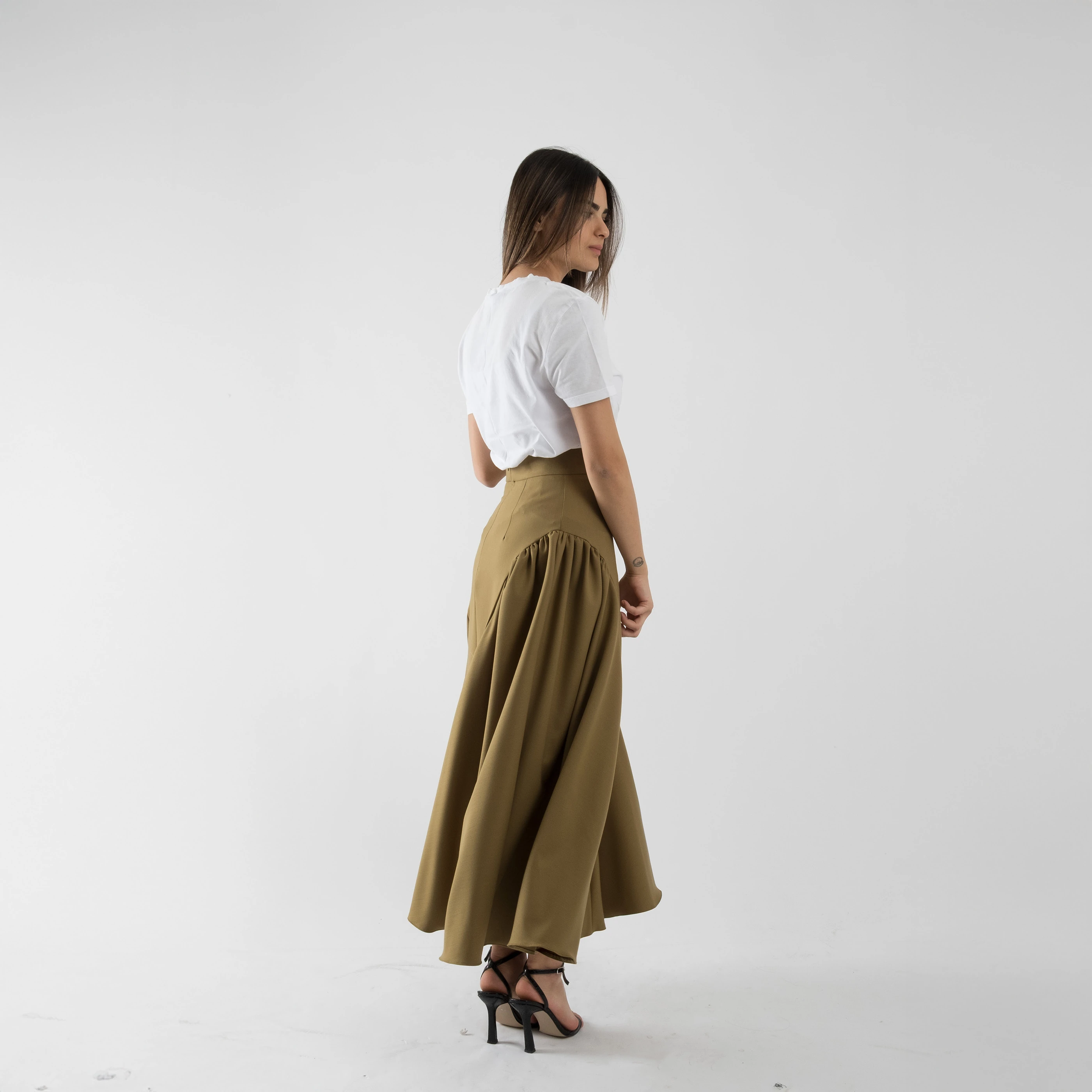 Asimetrik Volanlı Hafif Gabardin Etek - Yağ Yeşili