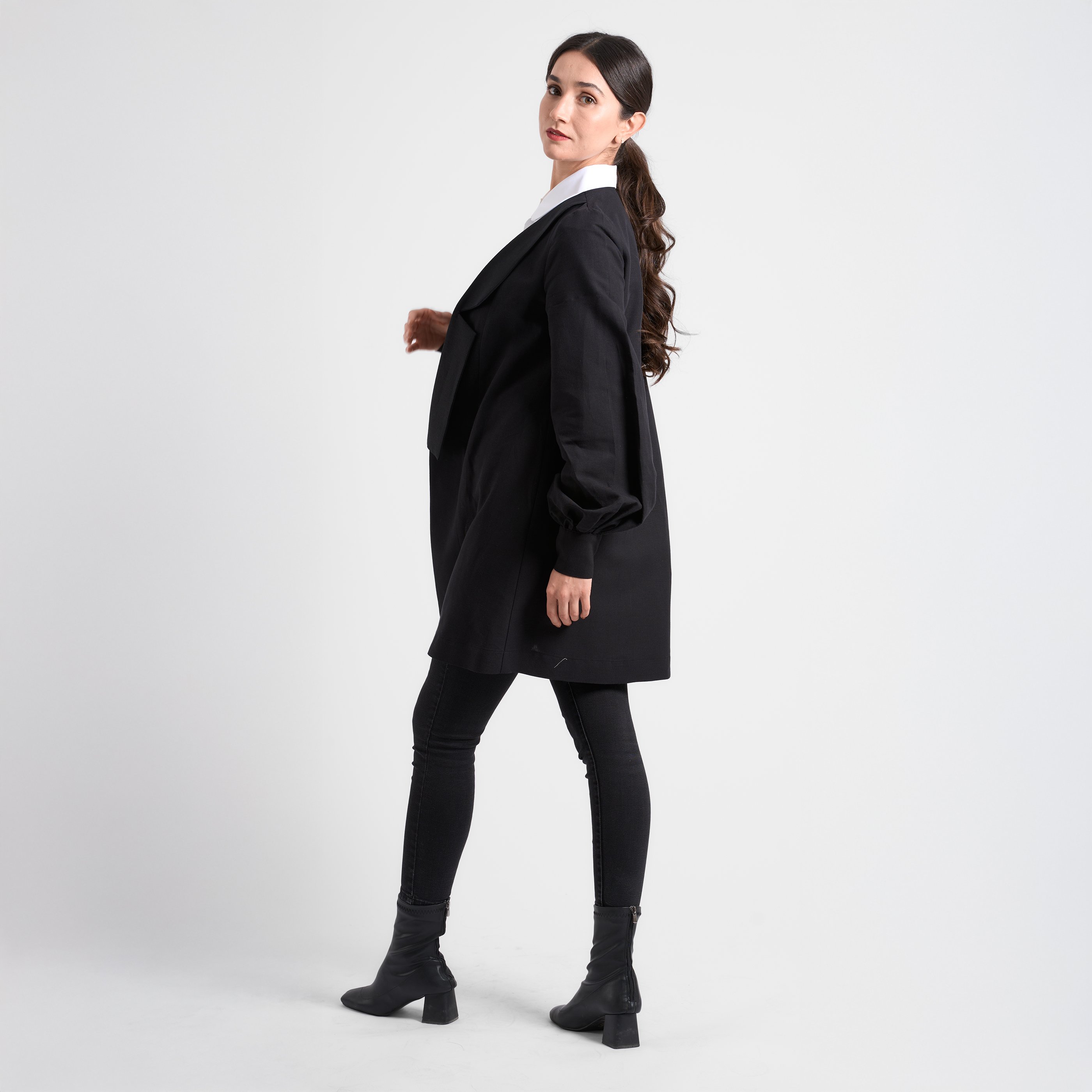 Kruvaze Detaylı Uzun Blazer Ceket - Siyah