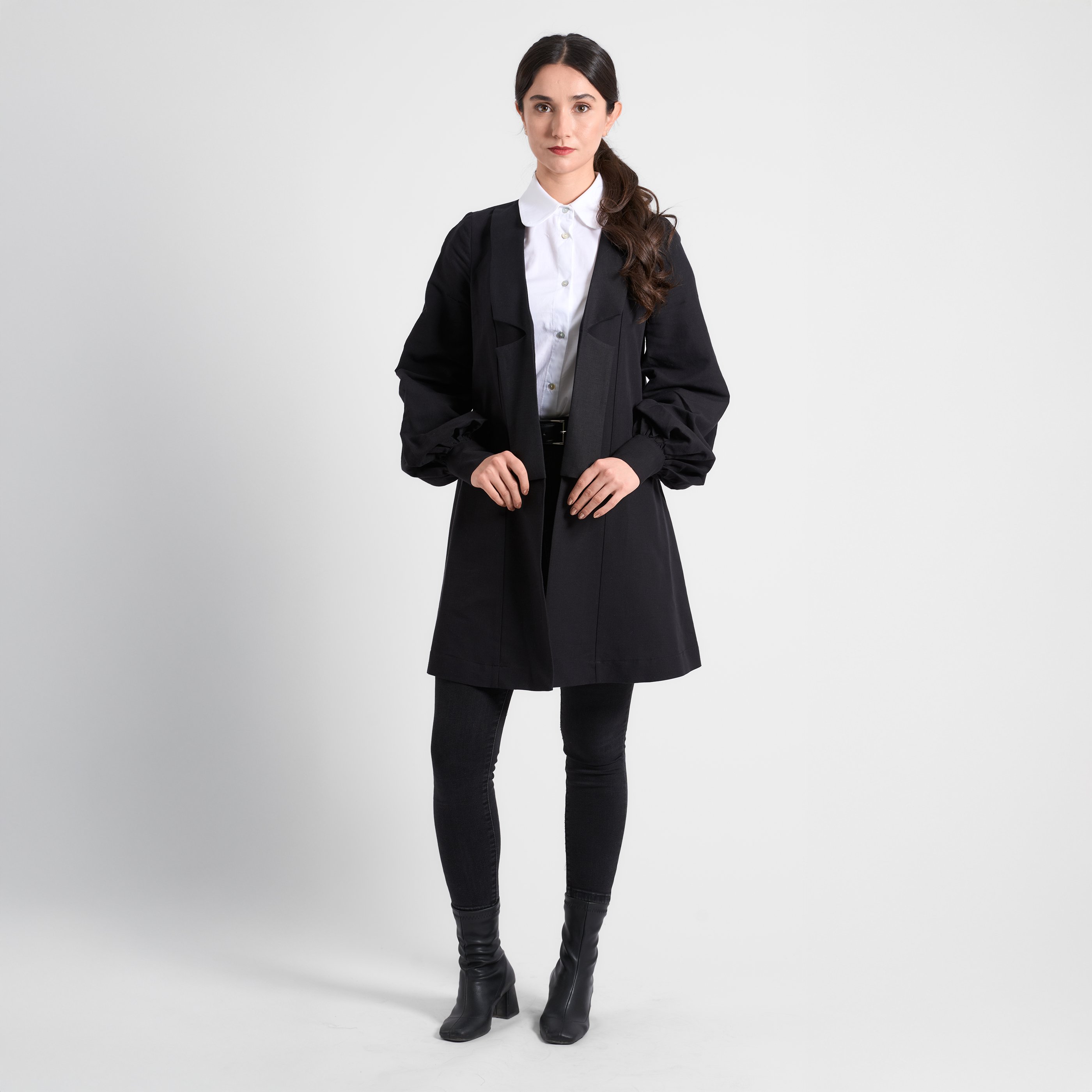 Kruvaze Detaylı Uzun Blazer Ceket - Siyah