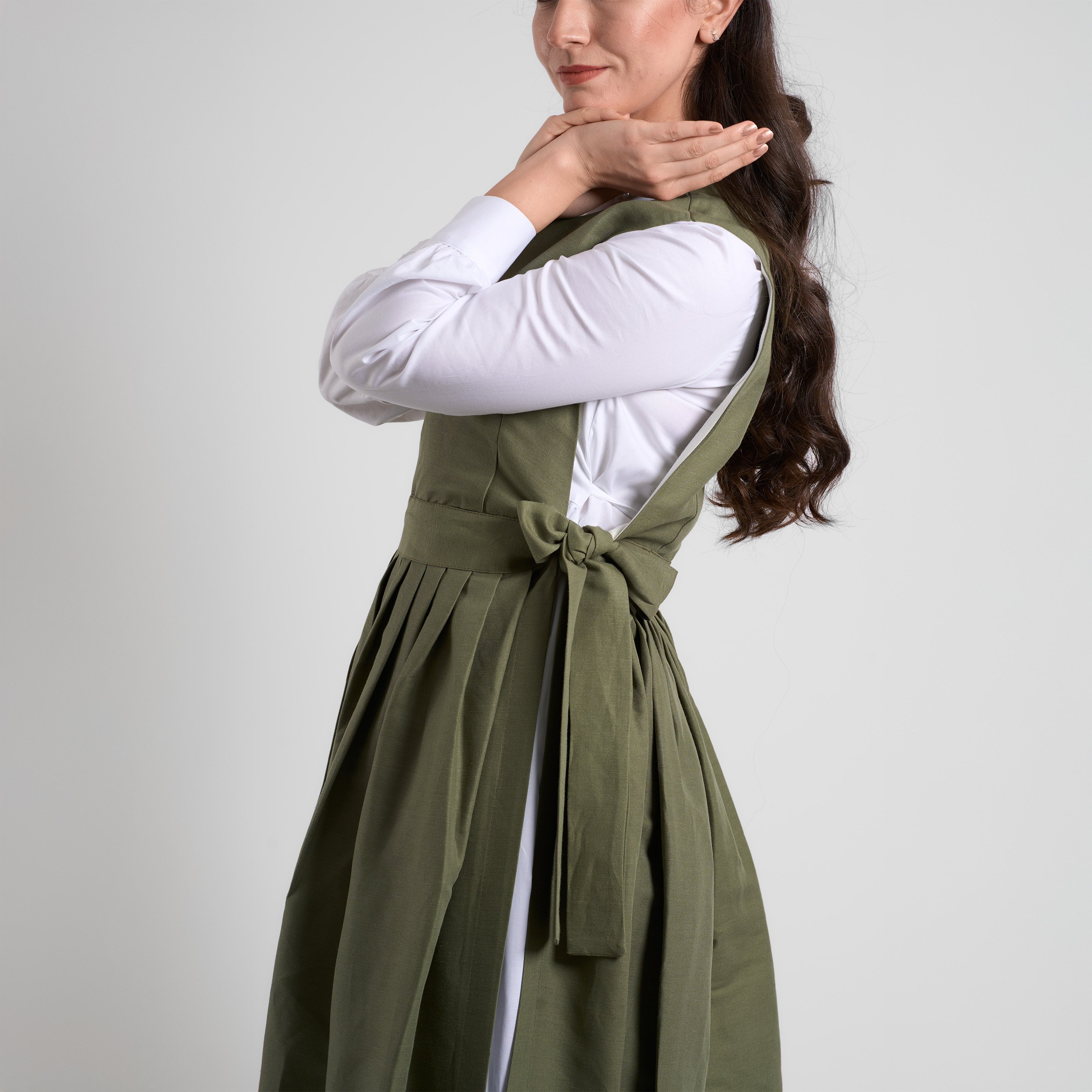 Pinafore Keten Elbise  - Haki